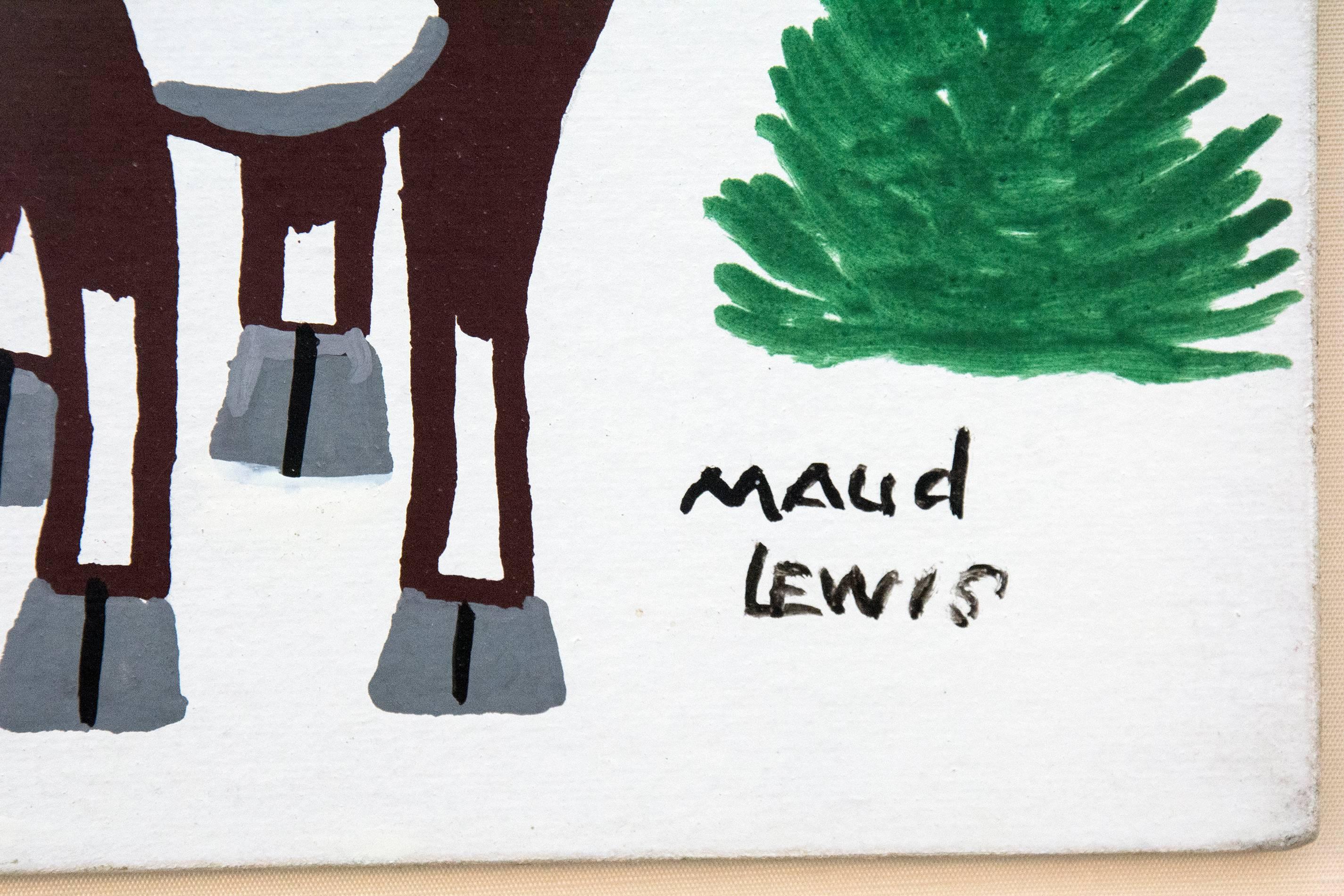 Pair of Oxen - Black Animal Painting by Maud Lewis