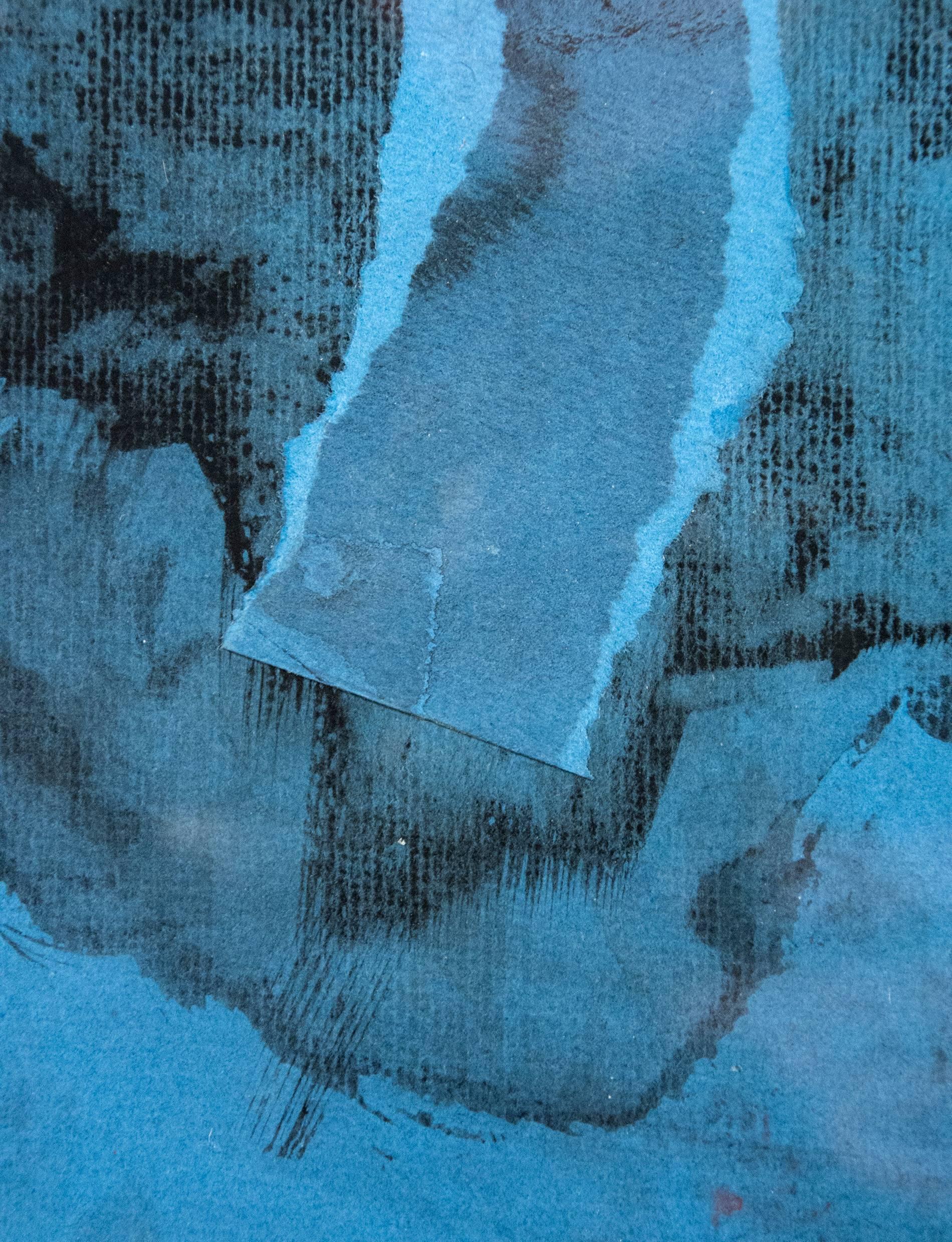 Blaue Symphony – intime, abstrakte, kubistische Acrylcollage auf Papier 1