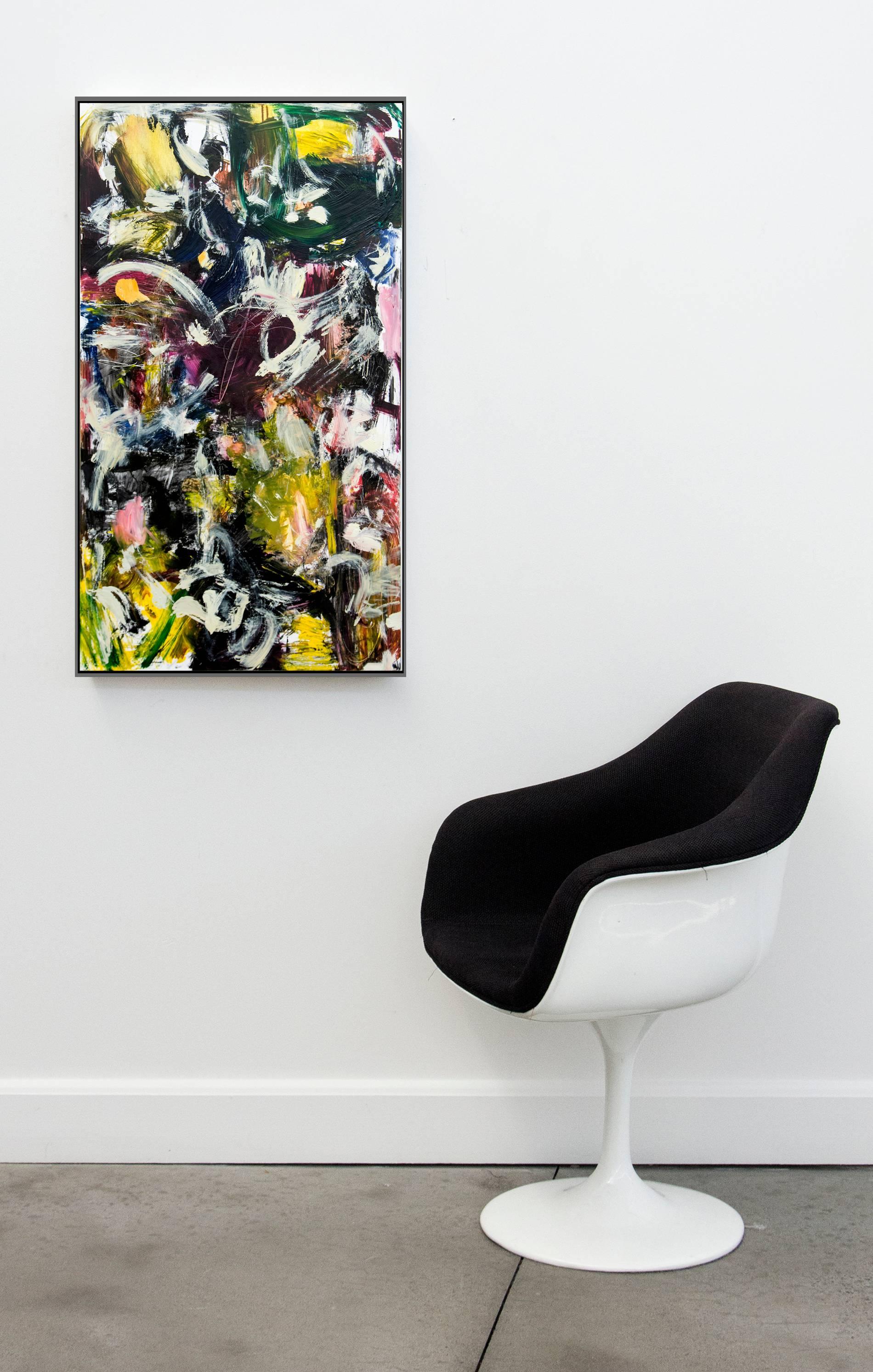 Kairoi No 38 - Tall, black, yellow, white, gestural abstract, oil on canvas - Painting by Scott Pattinson
