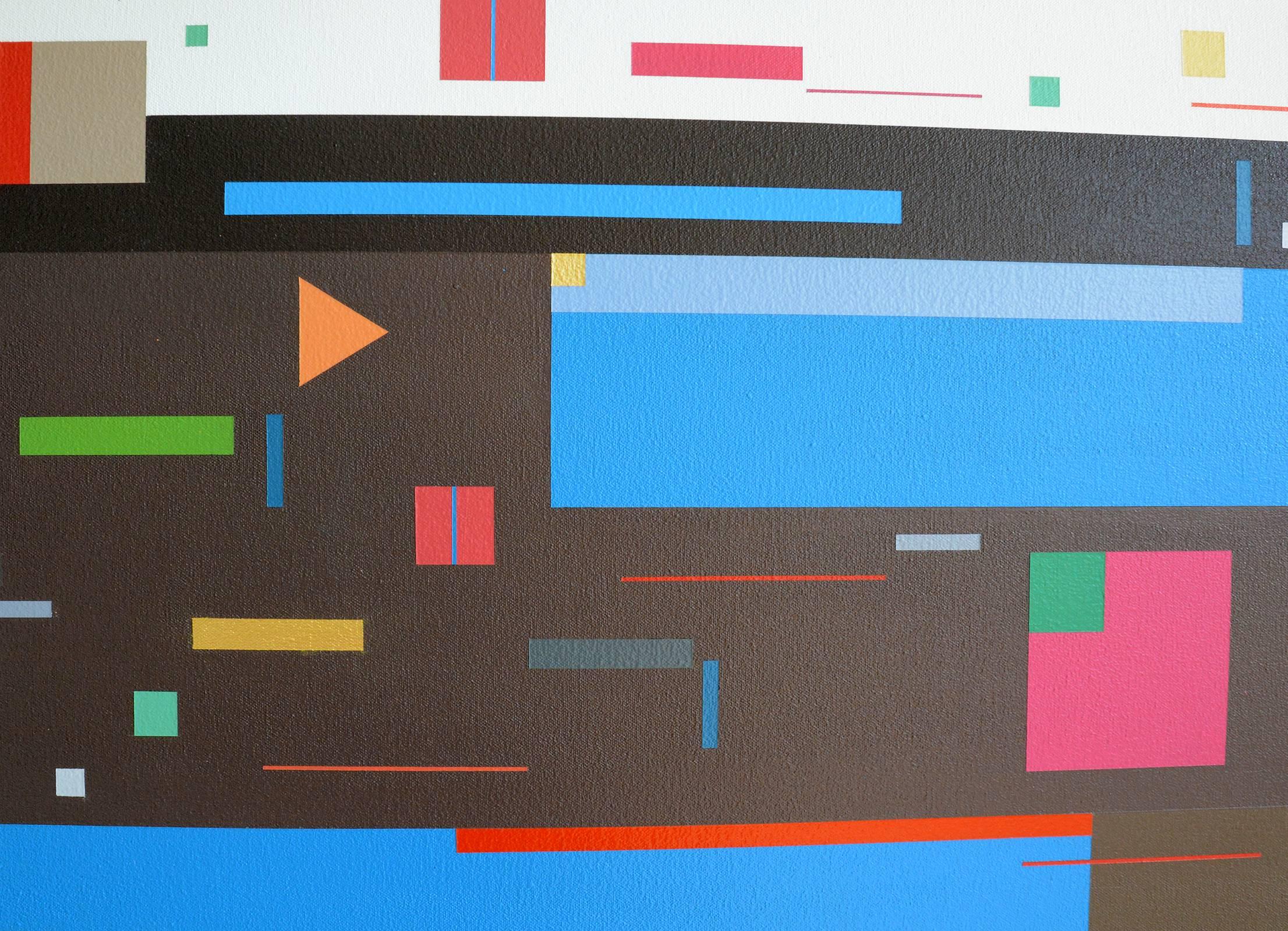 Auf diesem lebendigen Gemälde von Burton Kramer tanzen Rechtecke und Quadrate in tiefem Rosa, Himmelblau, Moosgrün, hellem Orange und Rot über einen schokoladenbraunen Grund. 

Der Titel des Gemäldes bezieht sich auf den Line Dance, einen