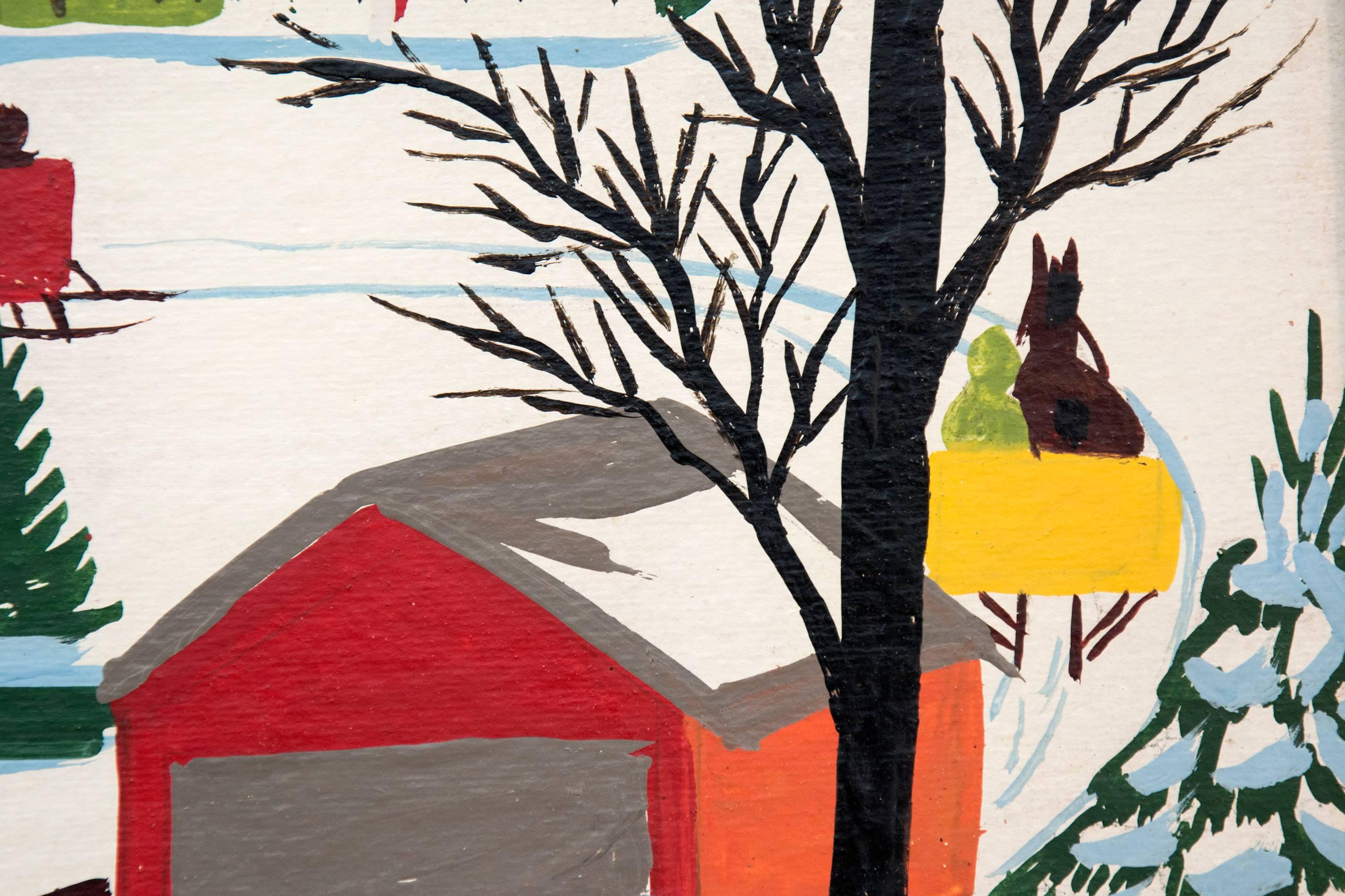 Covered Bridge - Beige Landscape Painting by Maud Lewis