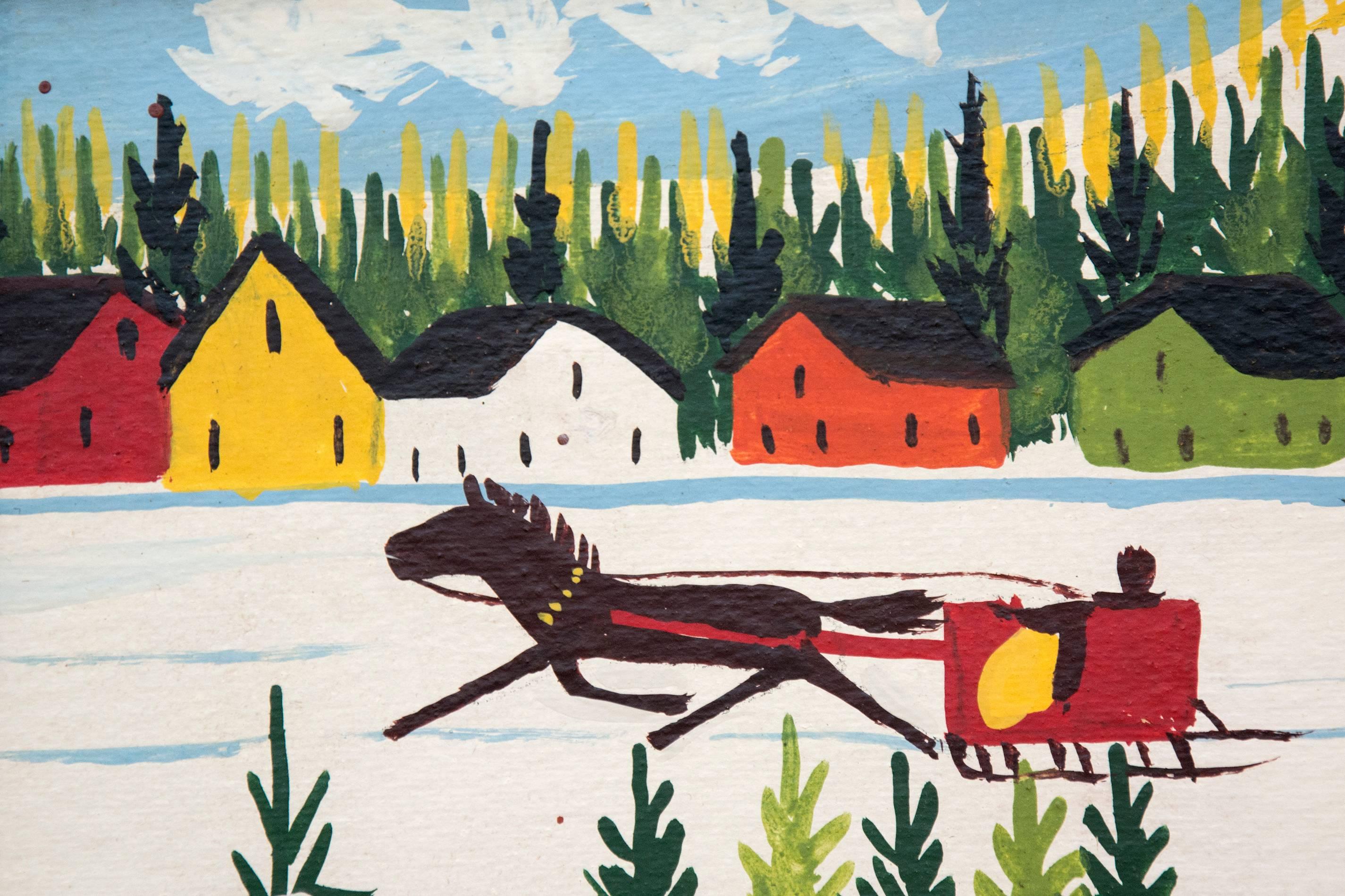 Three horse drawn sleighs pass through a red-orange covered bridge towards a village of brightly colored houses and church in this delightful winter scene. This painting is signed and framed without glass.

Referred to as folk art, Maud Lewis’s