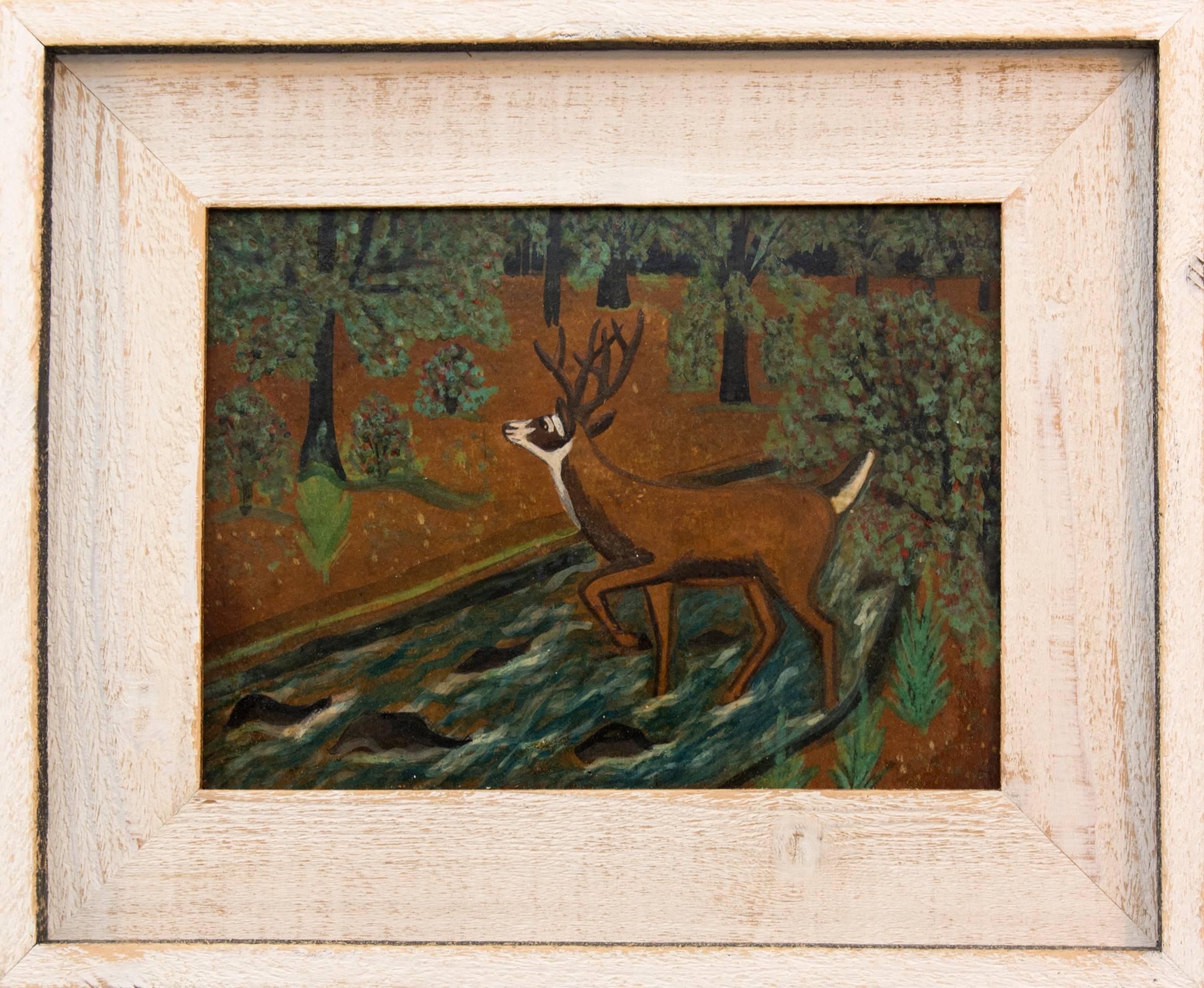 Deer in Landscape - Painting by Maud Lewis