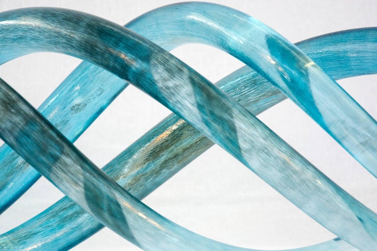 Blue - flowing, glass, translucent, blue, waves, intersecting tabletop sculpture For Sale 3