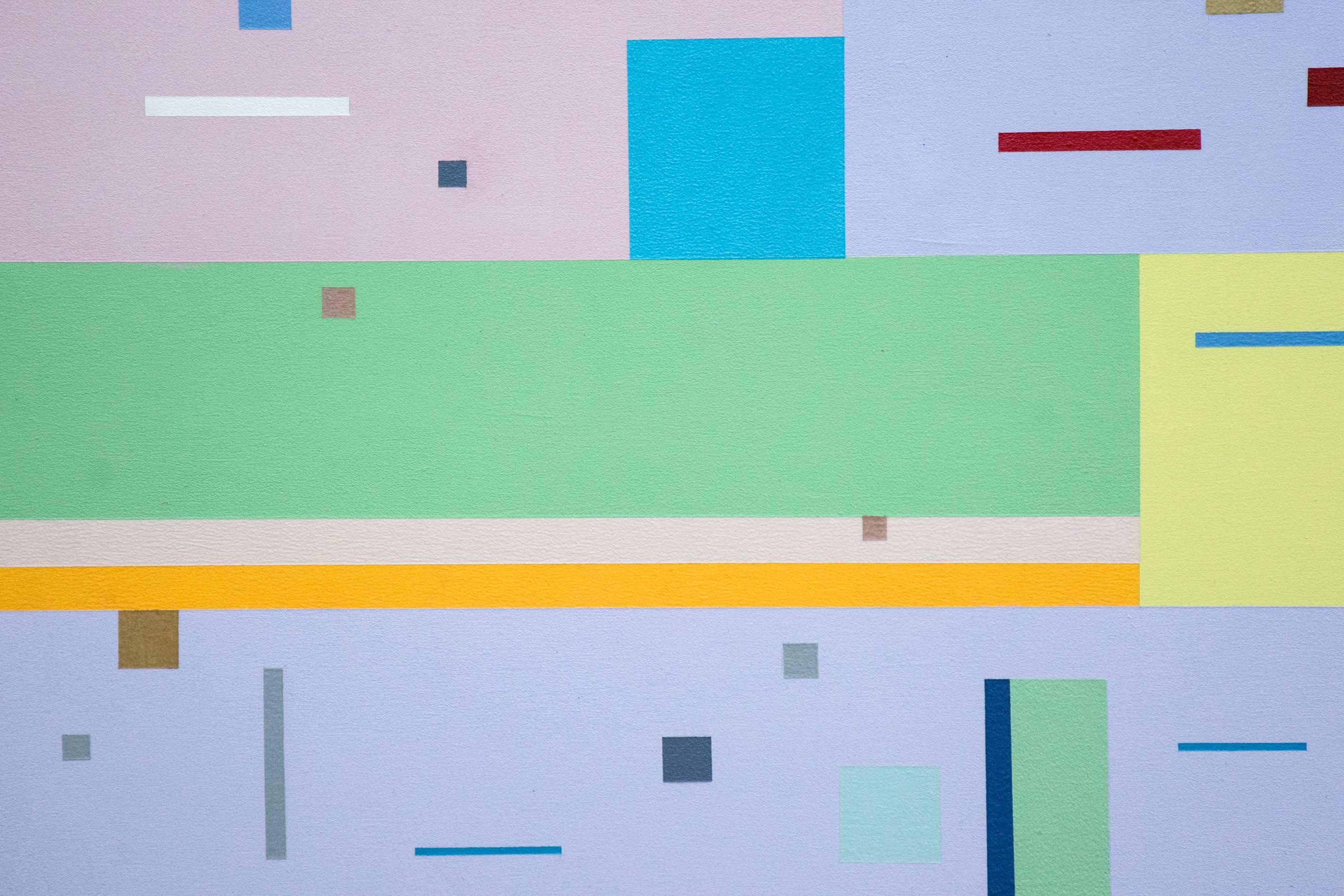 Garten-Musik – farbenfrohe, geometrische Abstraktion, modernistische, Acryl auf Tafel (Blau), Abstract Painting, von Burton Kramer