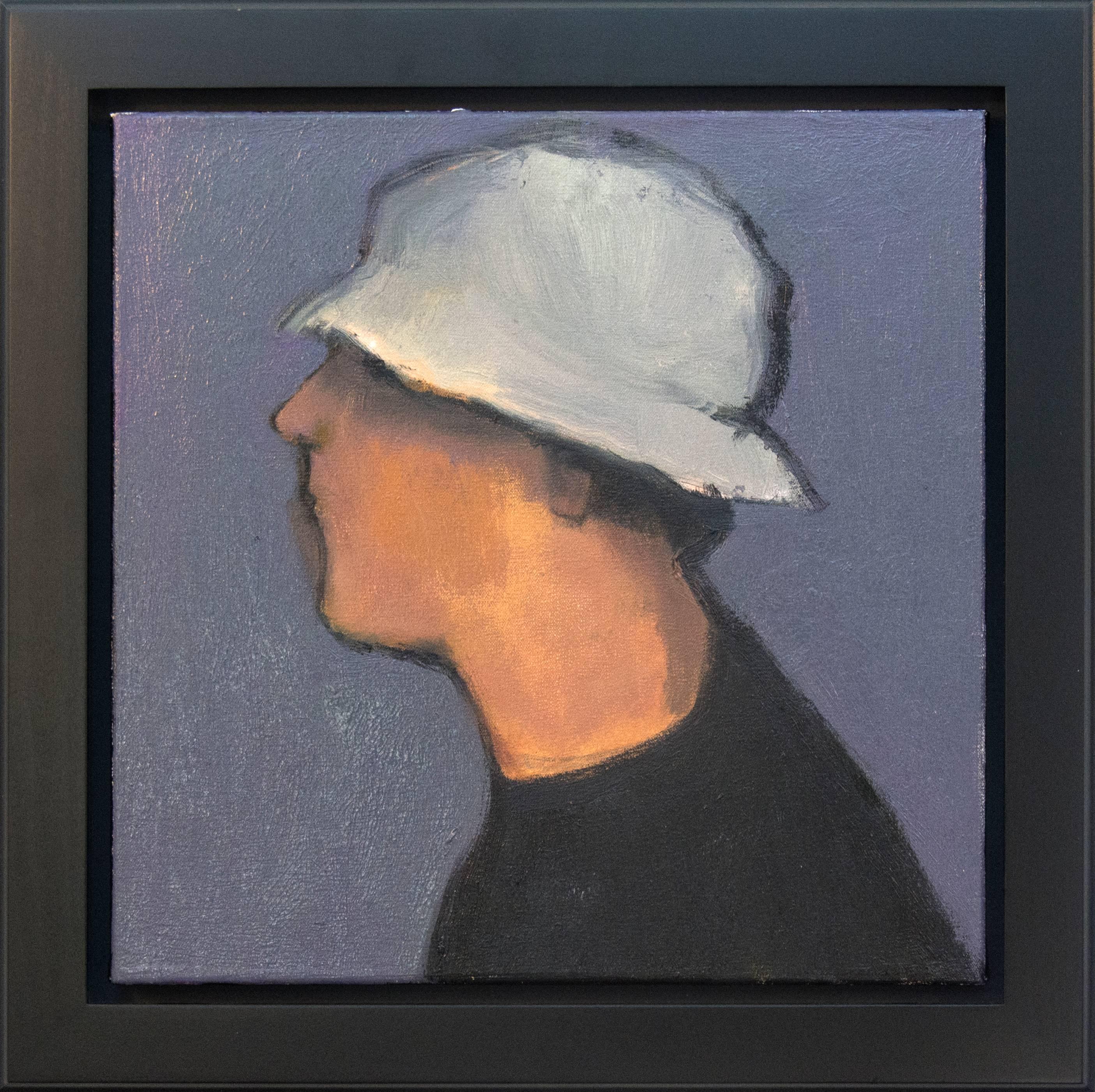 Man with Hat - small blue, white, male portrait figurative still life oil