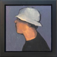 Man with Hat - small blue, white, male portrait figurative still life oil