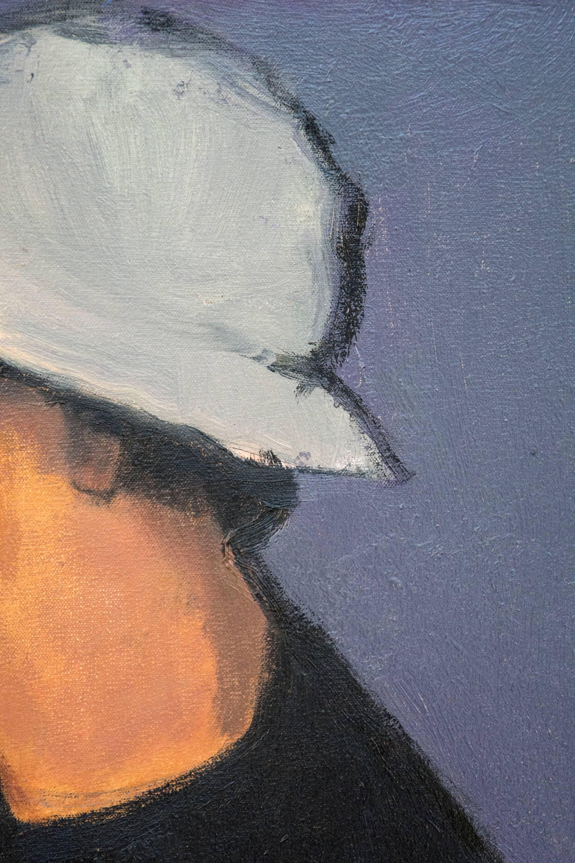 Man with Hat - small blue, white, male portrait figurative still life oil - Black Figurative Painting by Jennifer Hornyak