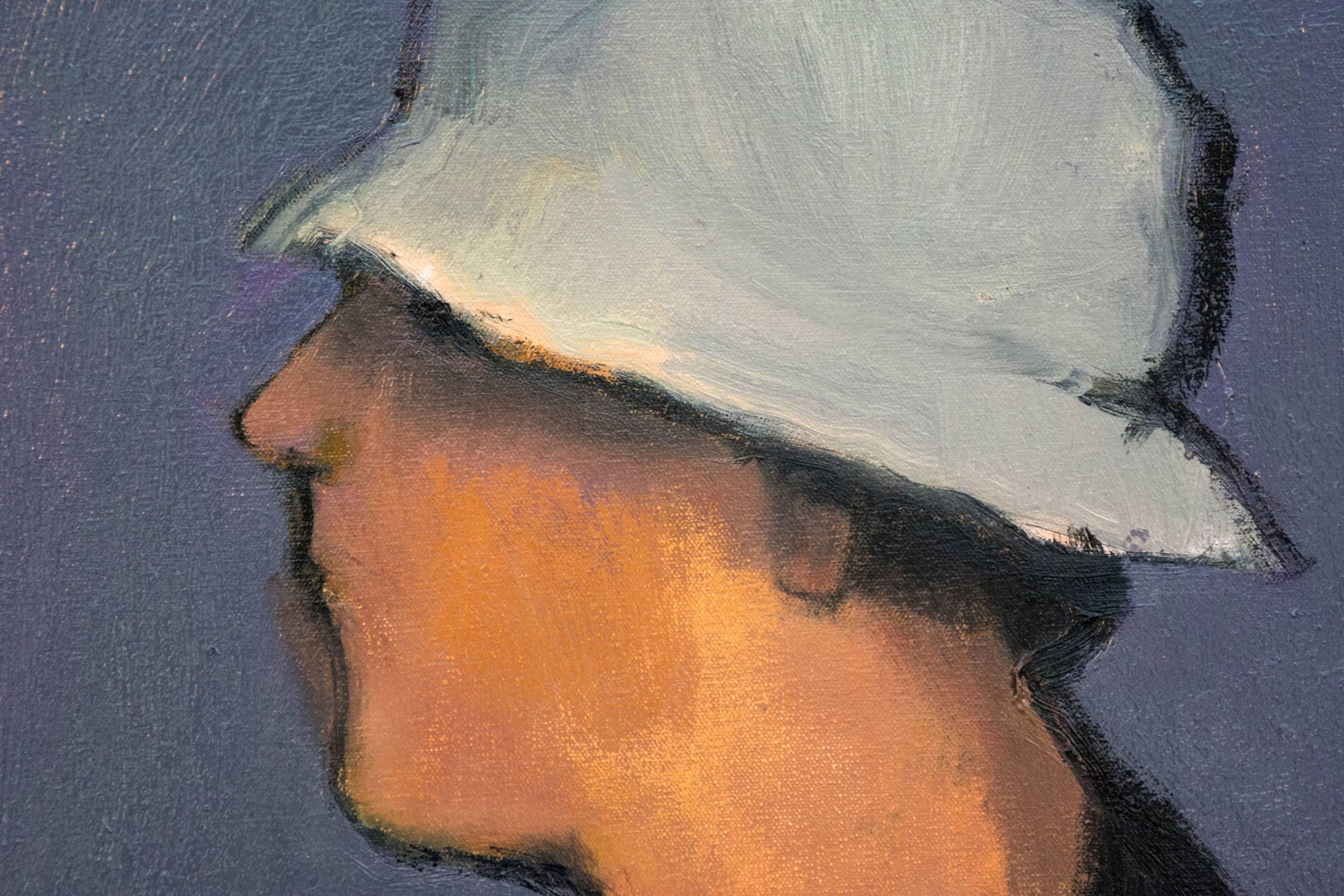 Using layers of thick, expressive brushwork, solid colors and slightly flattened space, Jennifer Hornyak has created an elegant portrait of a man in black shirt and white sun hat. The simple, modern forms outlined in black on an indigo ground