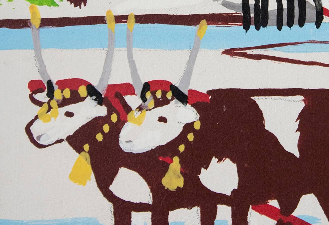Oxen Hauling Logs - Folk Art Painting by Maud Lewis