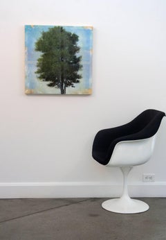 Panneau d'arbre à travers une fenêtre - bleu, vert, paysage, acrylique, résine sur carton