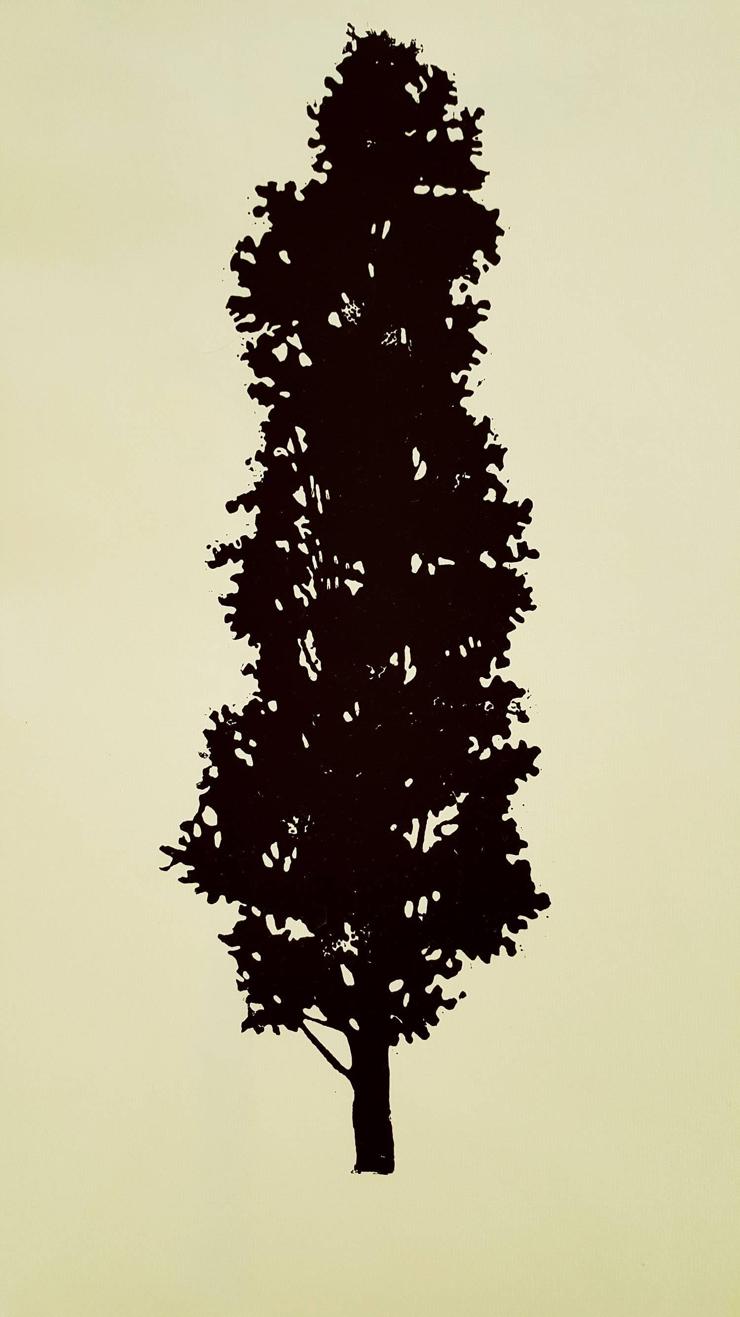 Der Wald or The Forest by Peter Hoffer consists of nine wood block prints in a single portfolio. In each of the nine images a single tree is printed cleanly in solid black on manila colored archival art paper. The trees -- tall, short, high or low