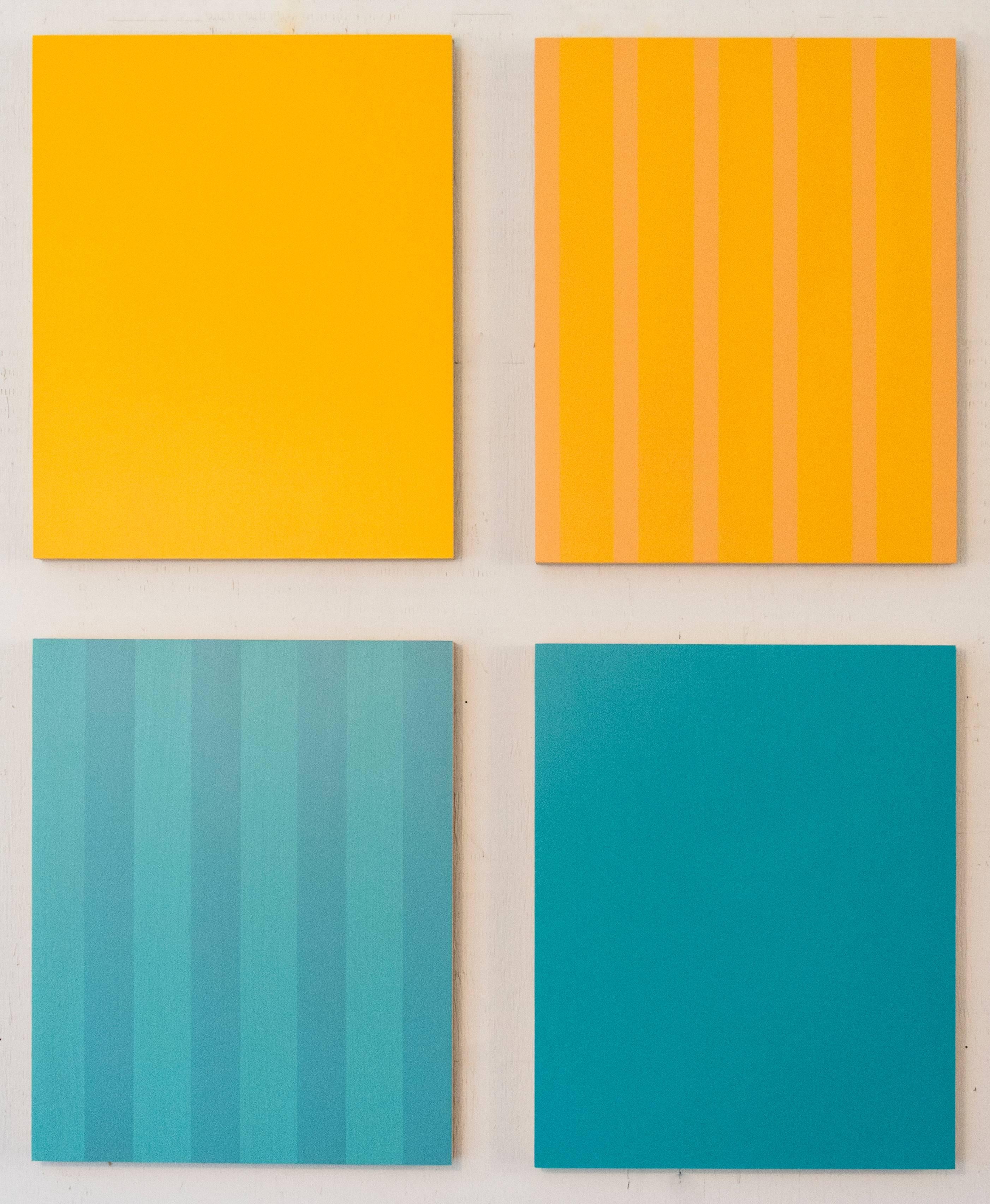 Twelve rectangular panels, each painted alternately in solid colors or solid with tinted vertical stripes, are installed in a precise grid: two high and six across. The artist began this work in 2003 painting two then and coming back to the panels