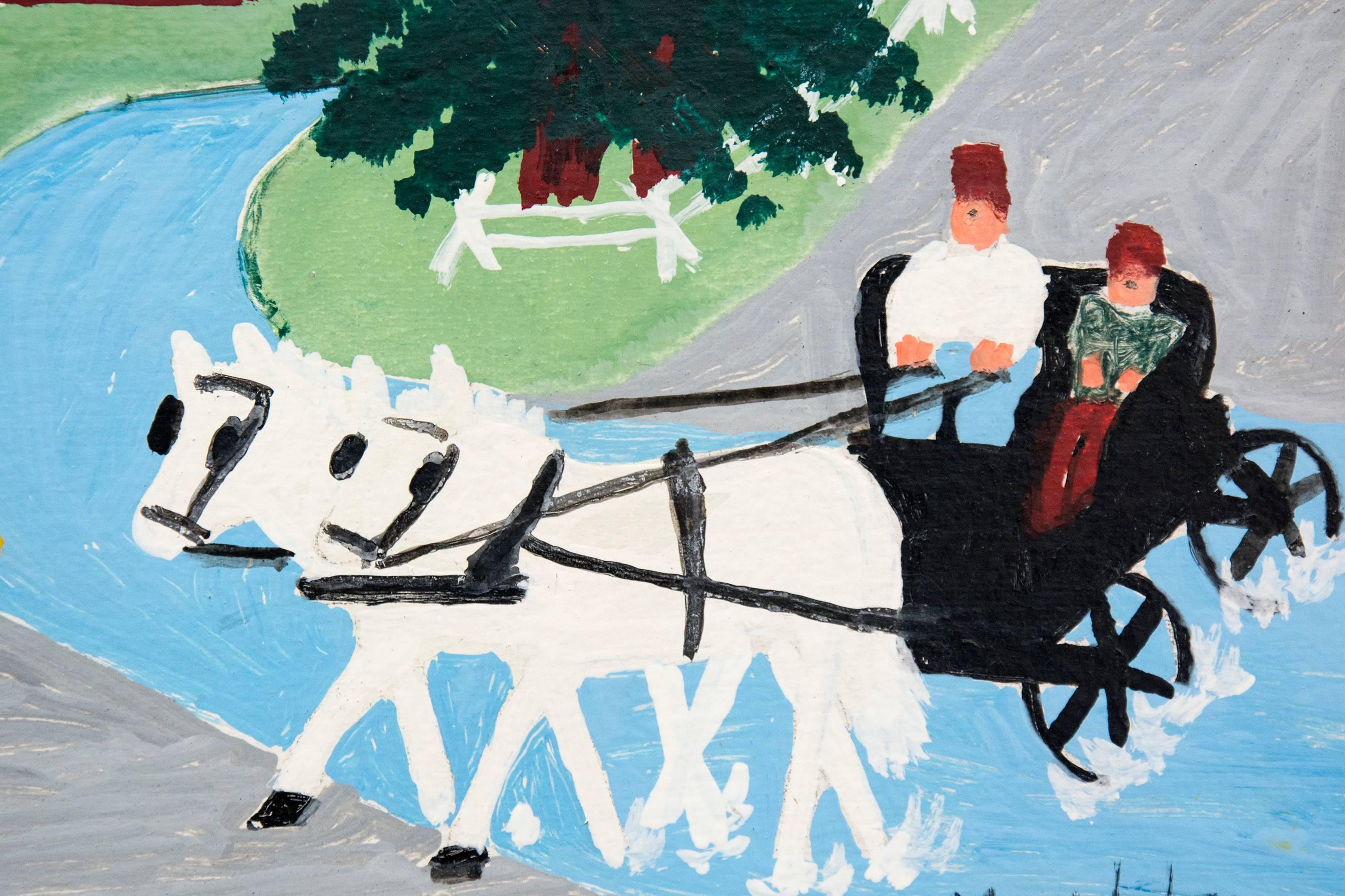 Carriage Ride - Gray Landscape Painting by Maud Lewis