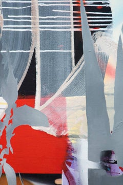 Herbarium - red, silver, green, bright, abstract, botanicals, acrylic on canvas