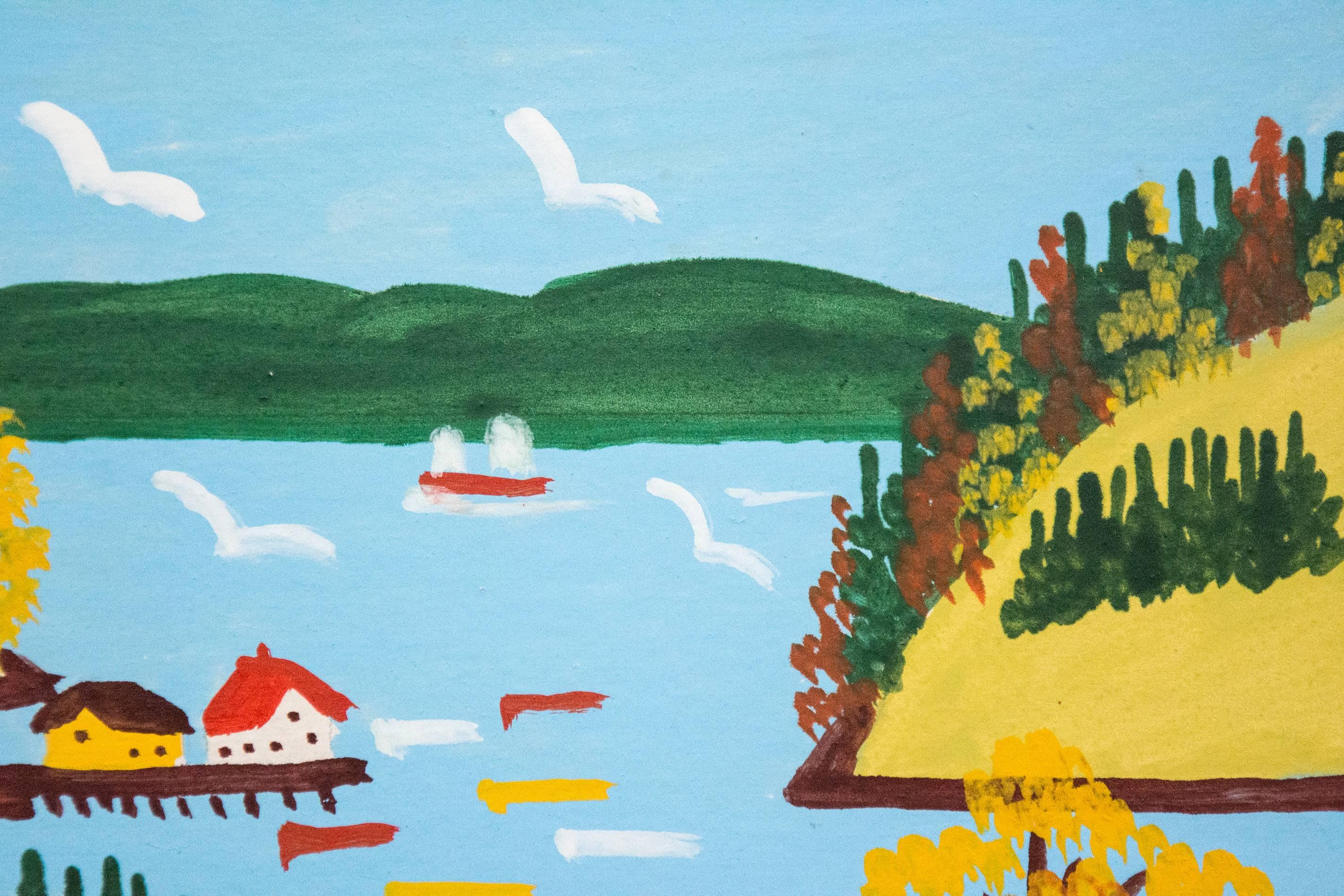 In this delightful painting, folk artist Maud Lewis depicts the coastal village of Sandy Cove on Digby Neck. Digby Neck is a peninsula extending into the Bay of Fundy off the north west coast of Nova Scotia. The town of Digby, where Lewis lived with