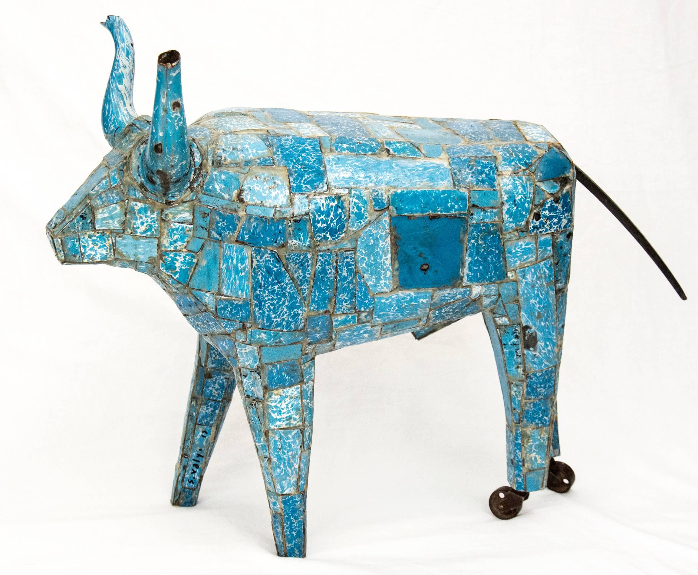 Susan Valyi Figurative Sculpture - Big Blue Bull - charming, figurative, re-purposed blue enamel sculpture