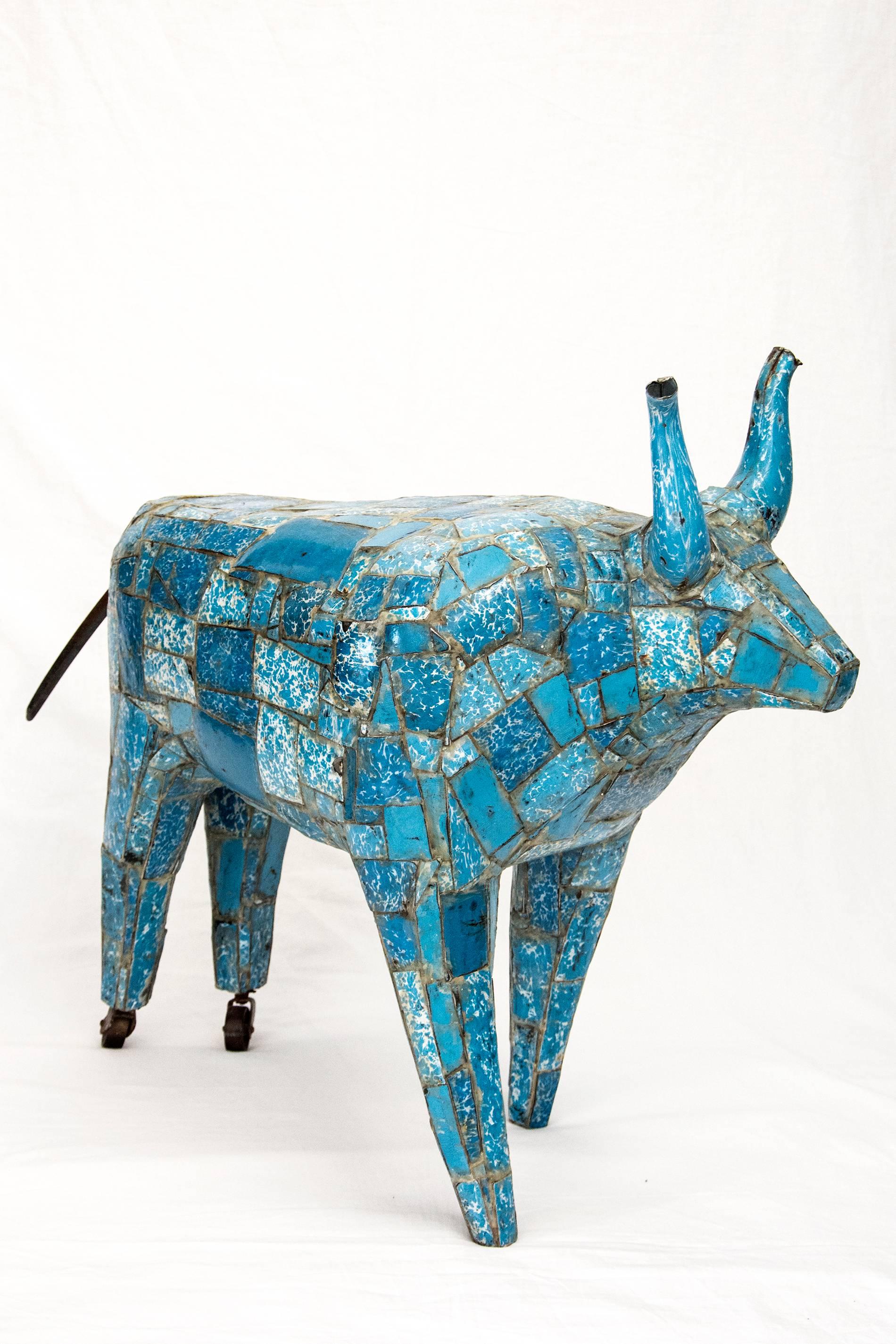 Big Blue Bull - charming, figurative, re-purposed blue enamel sculpture - Sculpture by Susan Valyi