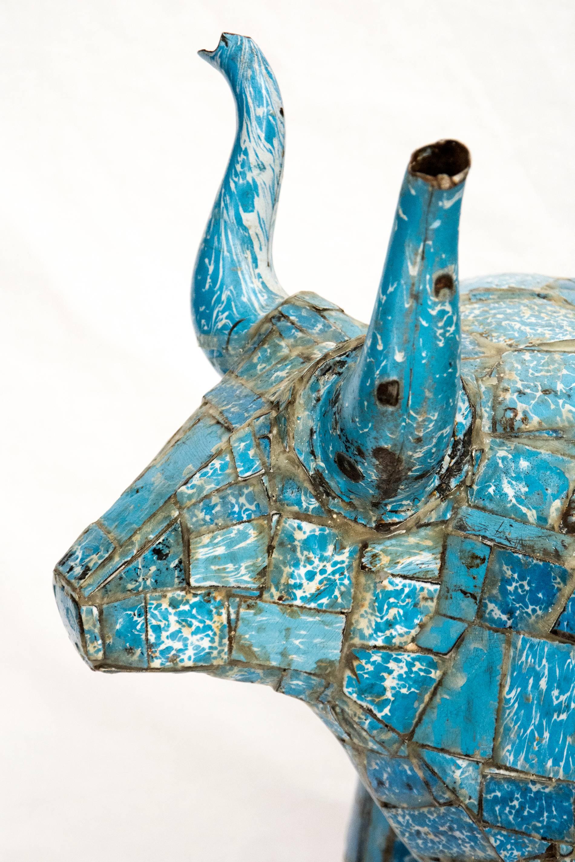 Big Blue Bull - charming, figurative, re-purposed blue enamel sculpture - Contemporary Sculpture by Susan Valyi