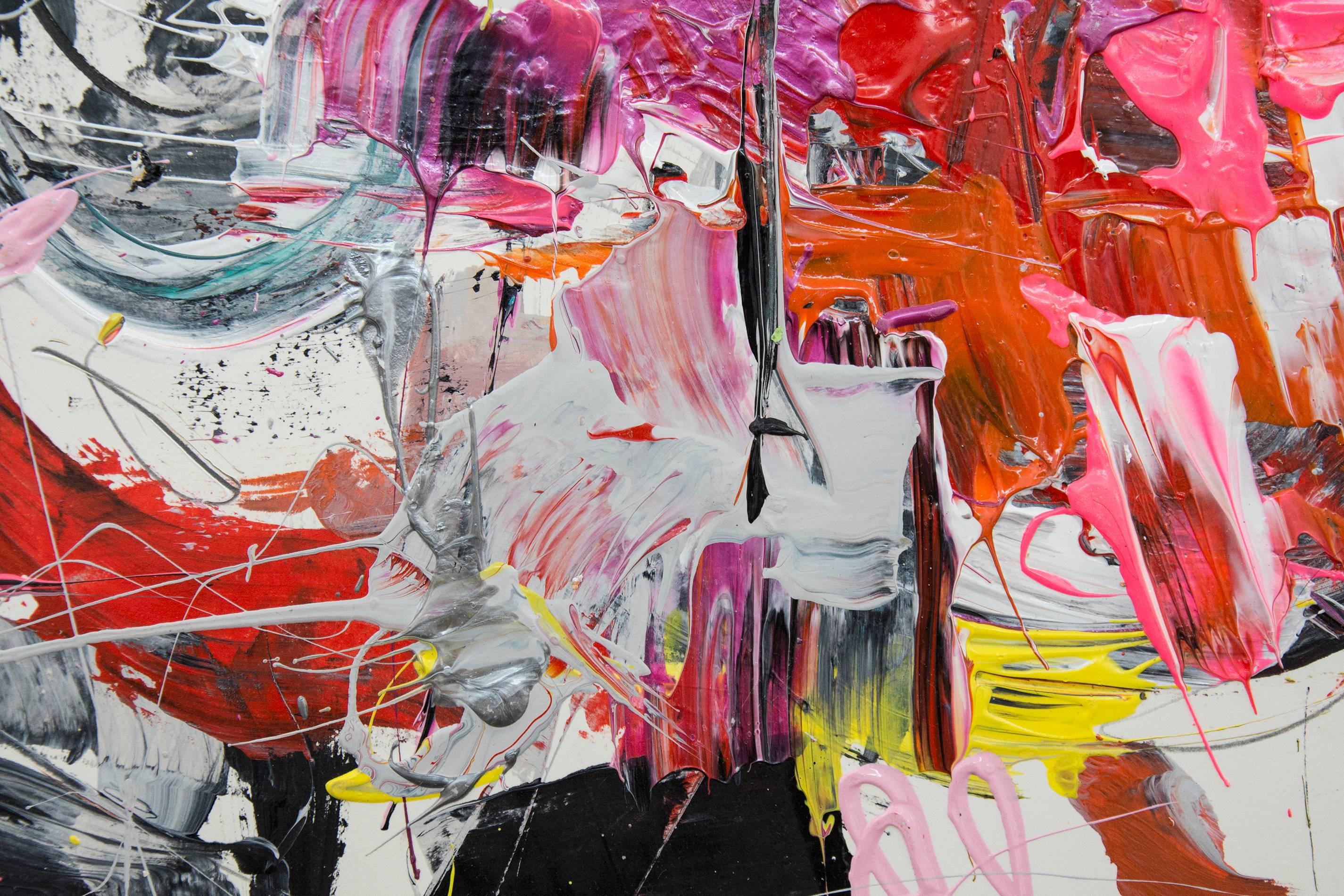 Hot pink and red intersects with drips and splashes of yellow, magenta and orange in this dynamic acrylic painting on paper. Beneath the energetic surface a scaffold of black completes the composition. Cohen intersects the language Abstract