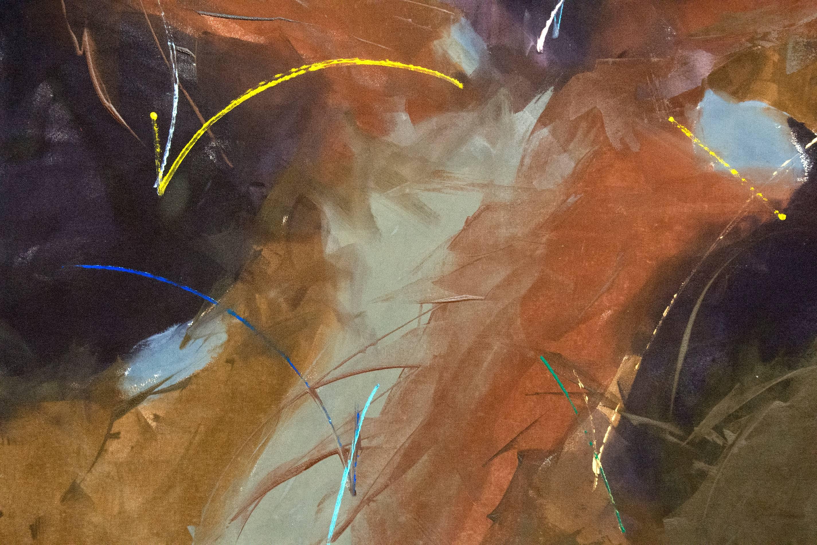 Unten - groß, lila, ocker, gelb, gestisch abstrakt, Acryl auf Leinwand (Abstrakt), Painting, von Milly Ristvedt
