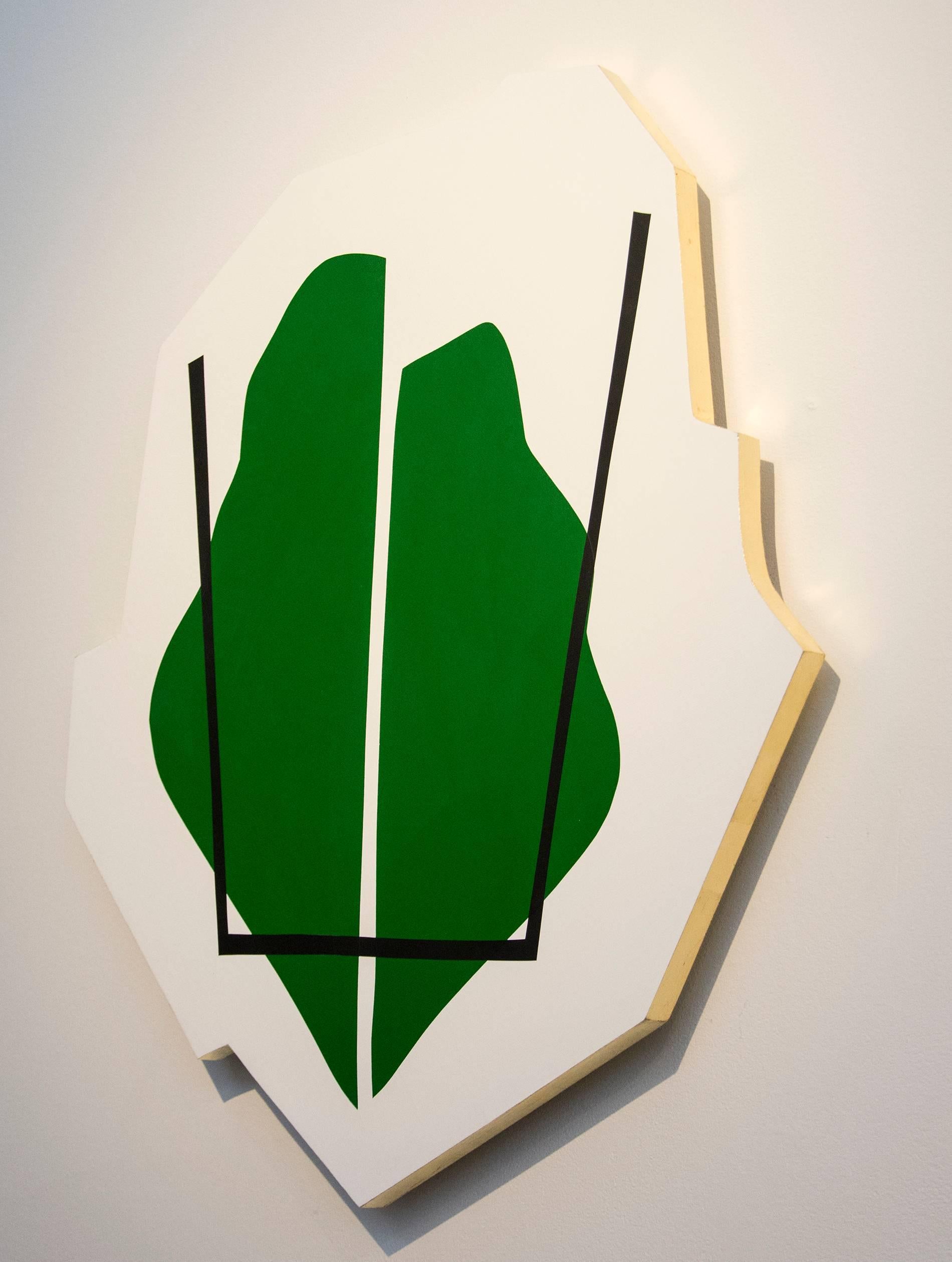 Split Green Shape - fun, colourful, gold leaf edge, acrylic on shaped panel For Sale 1