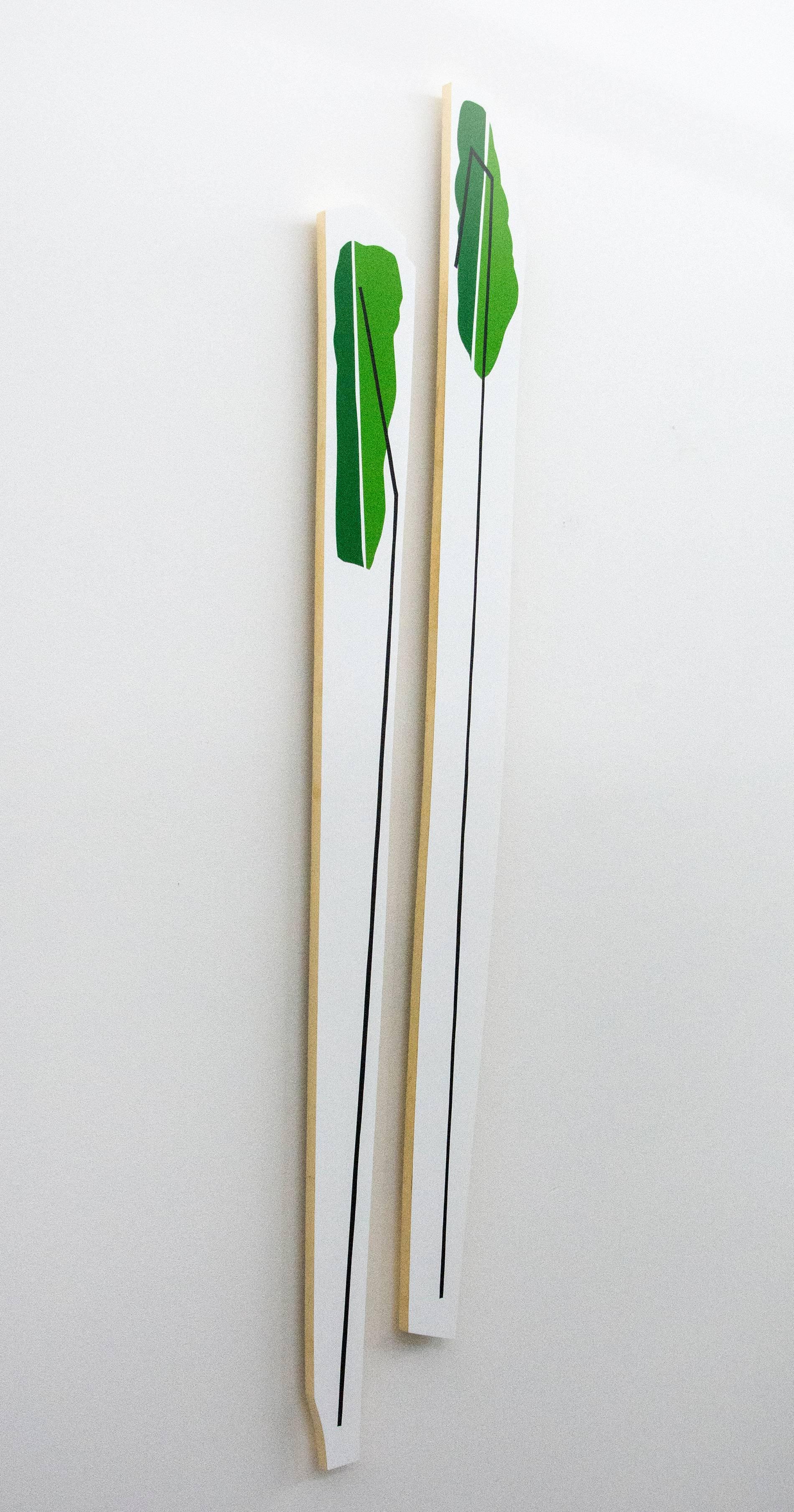 Tall Grass-Like Objects 1 & 2 - fun, gold leaf edge, acrylic on shaped panel 1