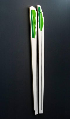 Tall Grass-Like Objects 1 & 2 - fun, gold leaf edge, acrylic on shaped panel