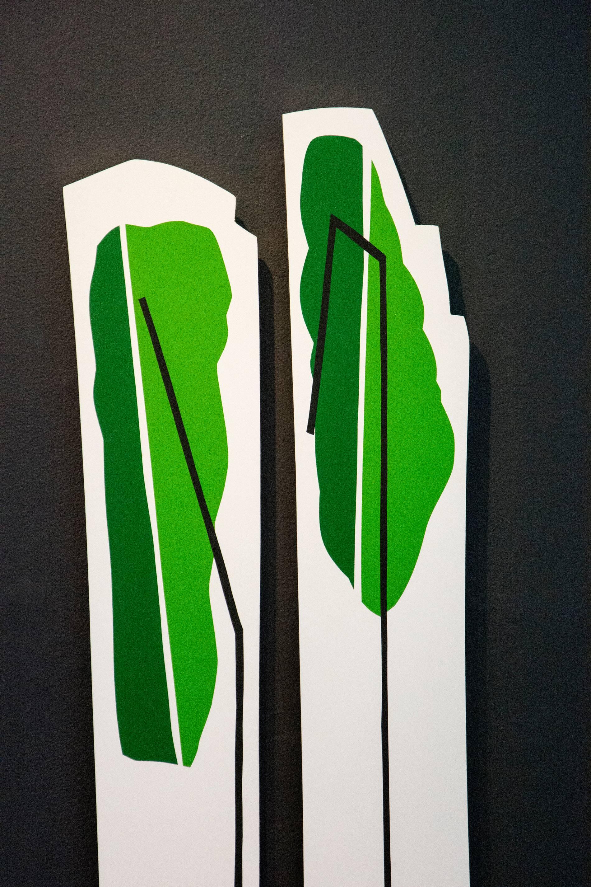 Tall Grass-Like Objects 1 & 2 - fun, gold leaf edge, acrylic on shaped panel - Gold Abstract Painting by Aron Hill