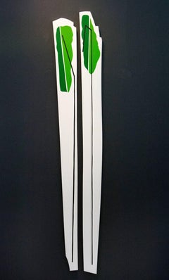 Tall Grass-Like Objects 1 & 2 - fun, gold leaf edge, acrylic on shaped panel