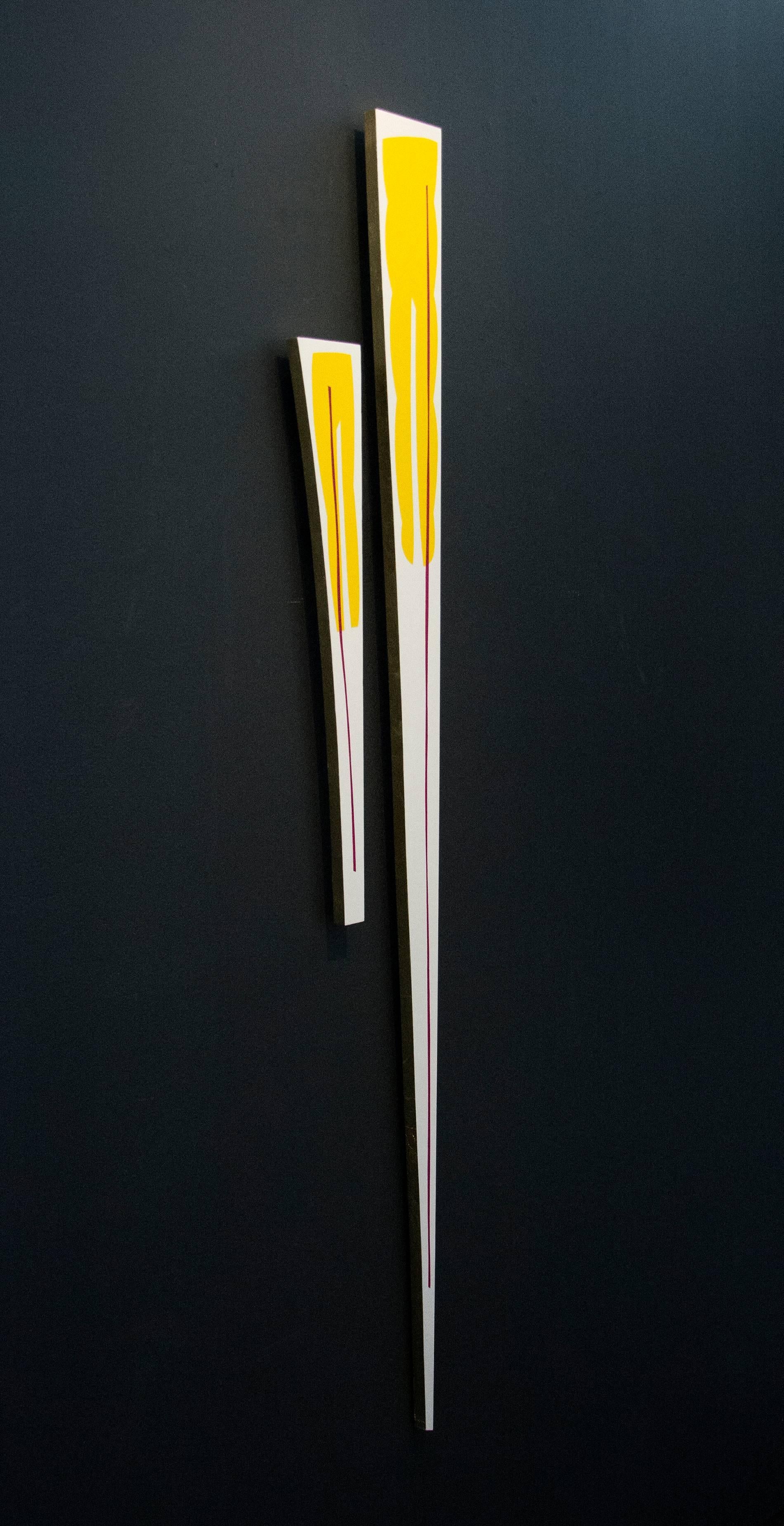 Yellow Magenta 1 & 2 - fun, colourful, gold leaf edge, acrylic on shaped panel
