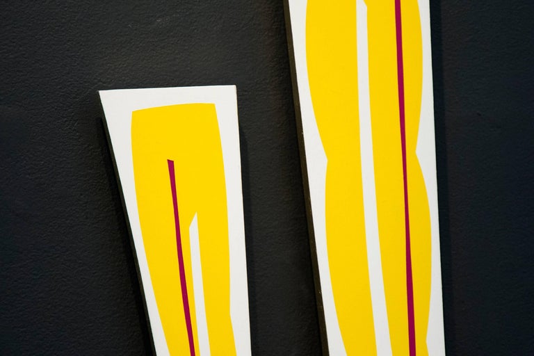 Yellow Magenta 1 & 2 - fun, colourful, gold leaf edge, acrylic on shaped panel For Sale 1
