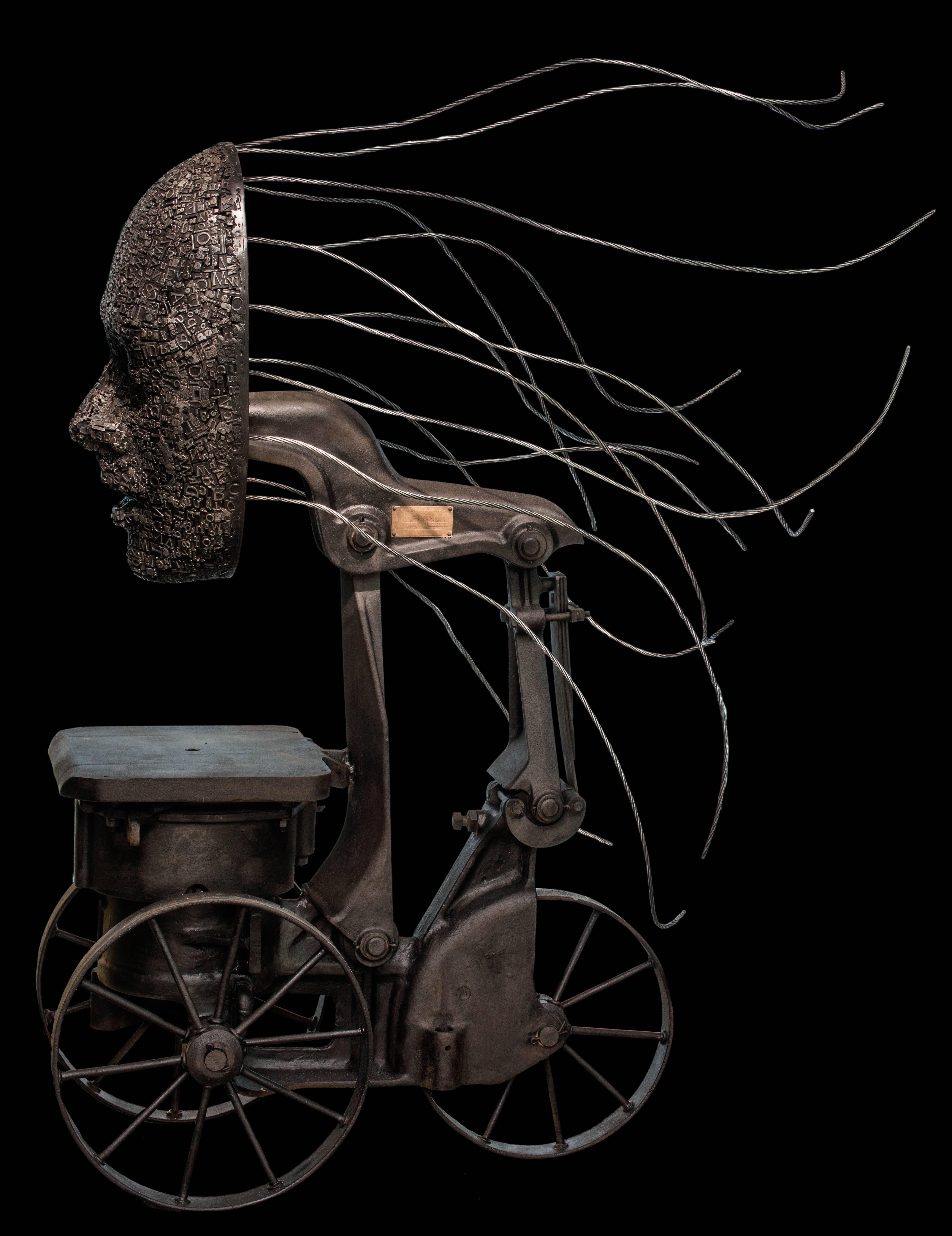 Press - tall, steam-punk inspired, human face, lead, aluminum and iron sculpture - Sculpture by Dale Dunning