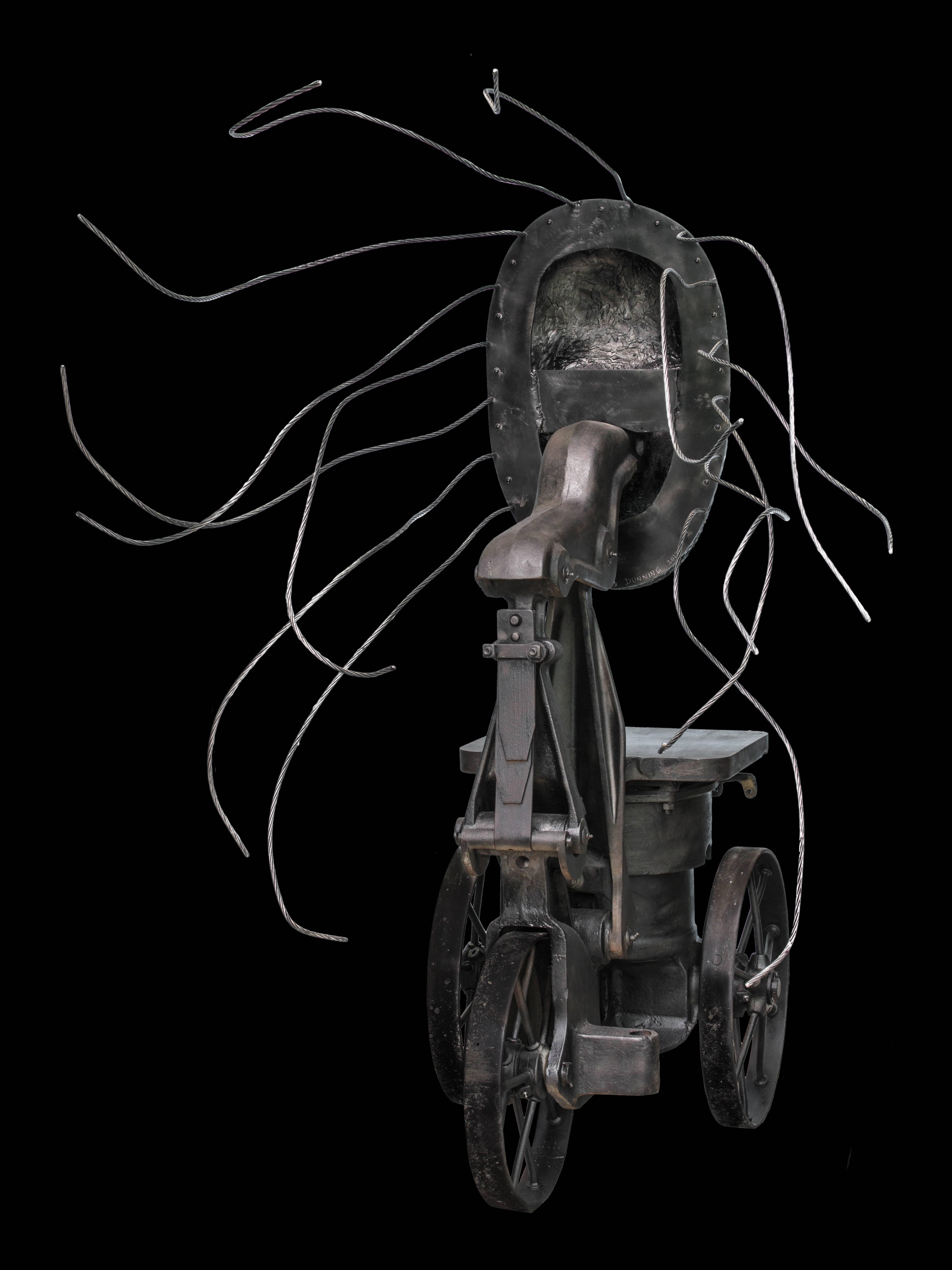Press - tall, steam-punk inspired, human face, lead, aluminum and iron sculpture - Black Abstract Sculpture by Dale Dunning
