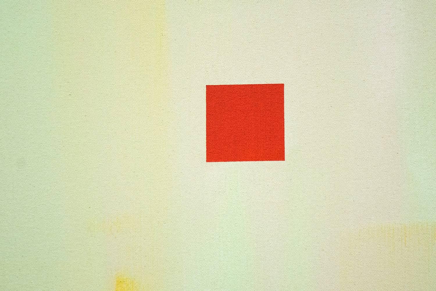 A lemon yellow rectangle held by a whisper white band is flanked by squares of pink, navy, blood red and white on a washed ground of pale lime. A conversation about visual and philosophical balance emerges from this powerful composition titled