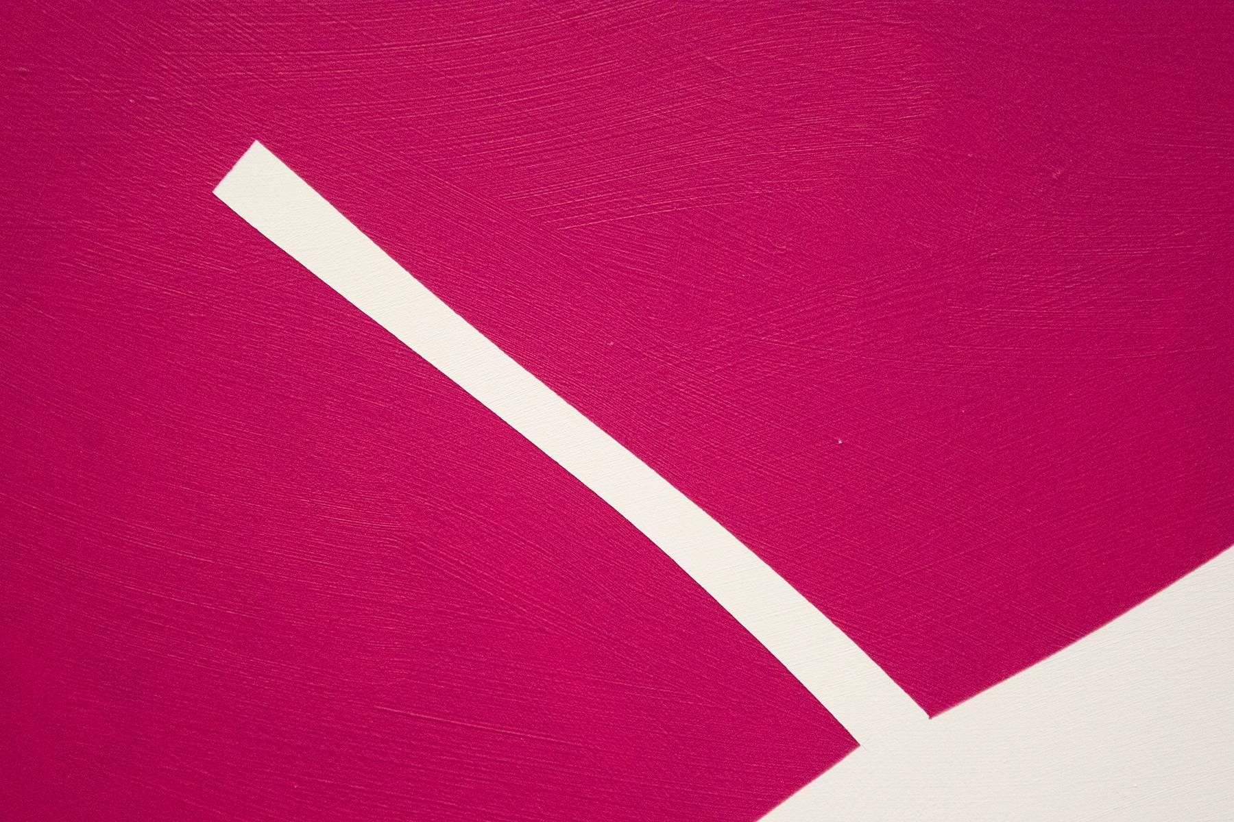 Round Magenta with Two Lines - colourful, gold leaf edge, acrylic tondo on panel - Gold Abstract Painting by Aron Hill