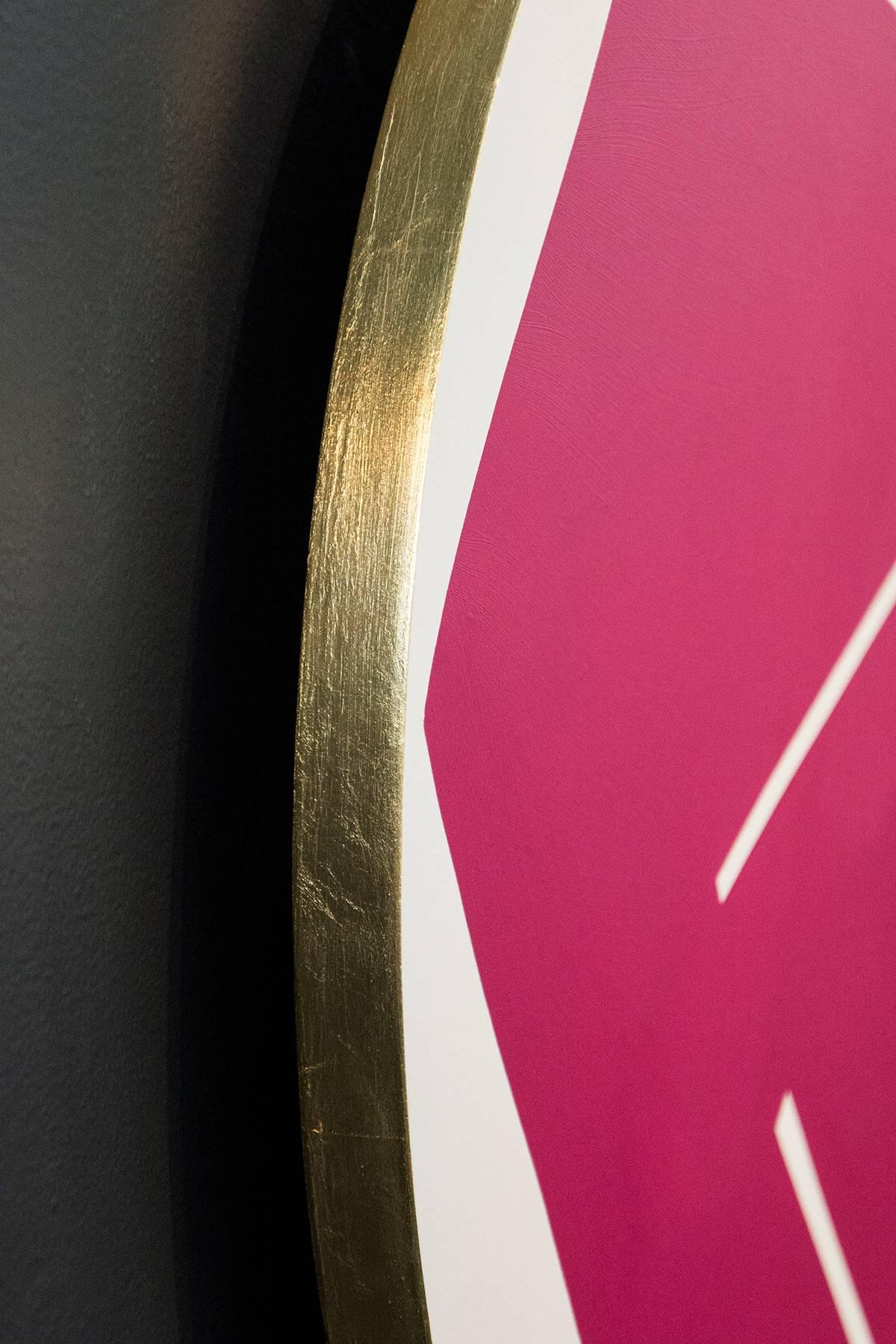 Round Magenta with Two Lines - colourful, gold leaf edge, acrylic tondo on panel - Abstract Painting by Aron Hill