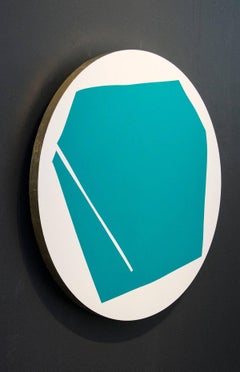 Round Aqua Blue with 1 Line - minimalist abstract, gold leaf, acrylic on panel