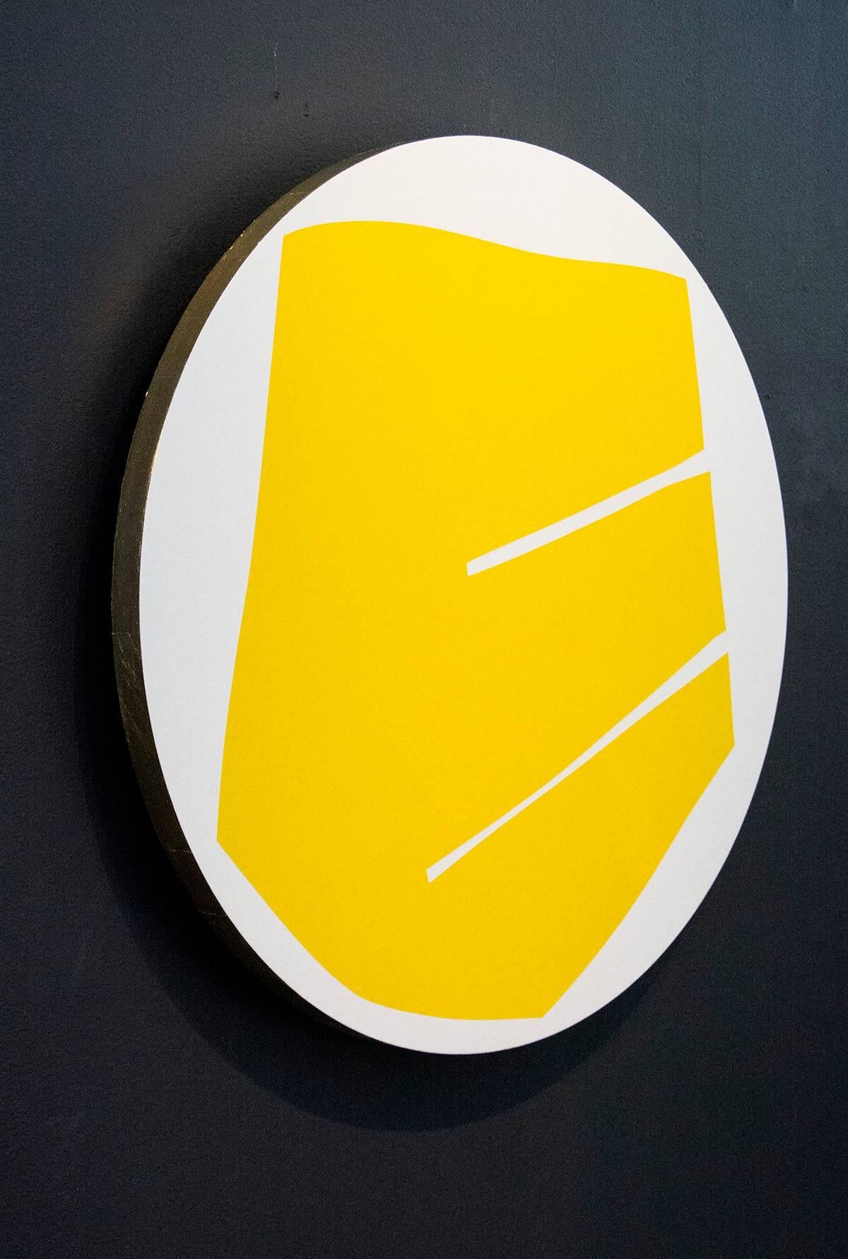 Round Yellow With 2 Lines - colourful, gold leaf edge, tondo acrylic on panel - Abstract Painting by Aron Hill