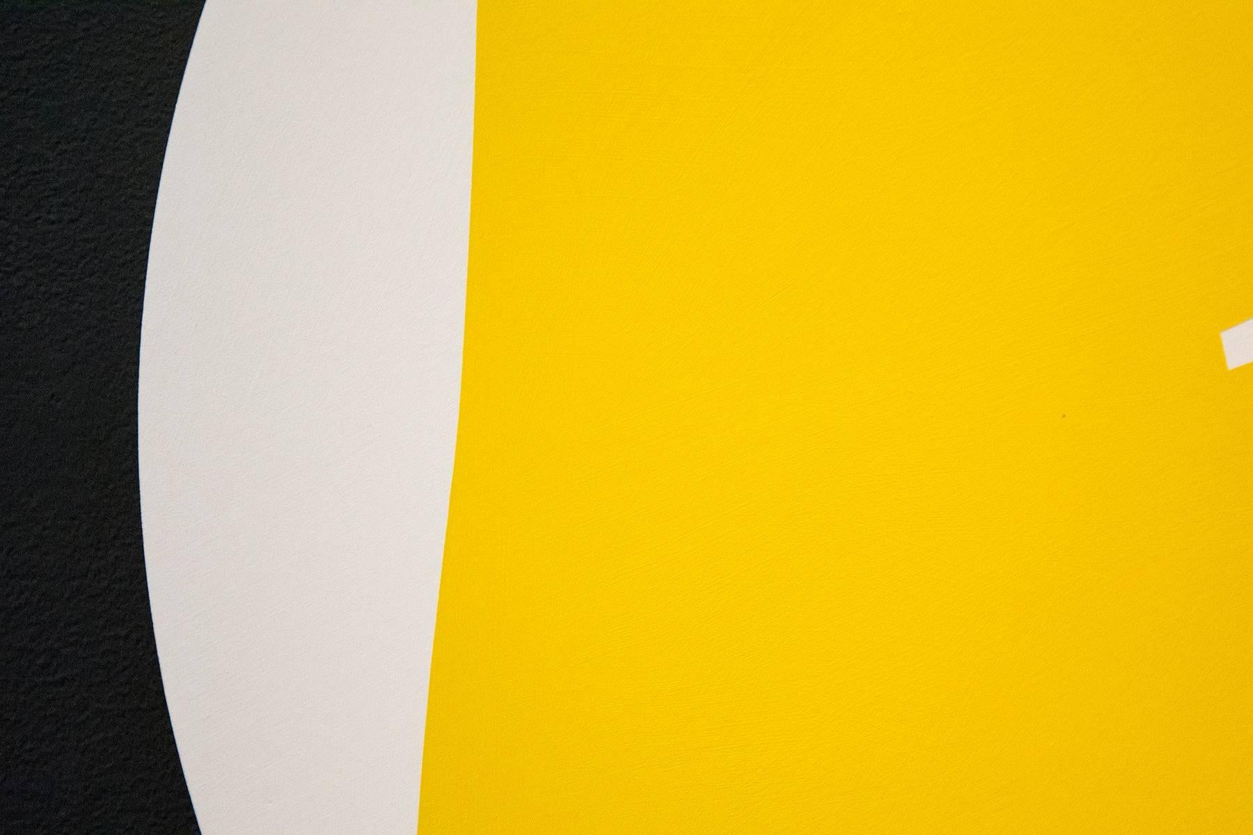 Round Yellow With 2 Lines - colourful, gold leaf edge, tondo acrylic on panel For Sale 2