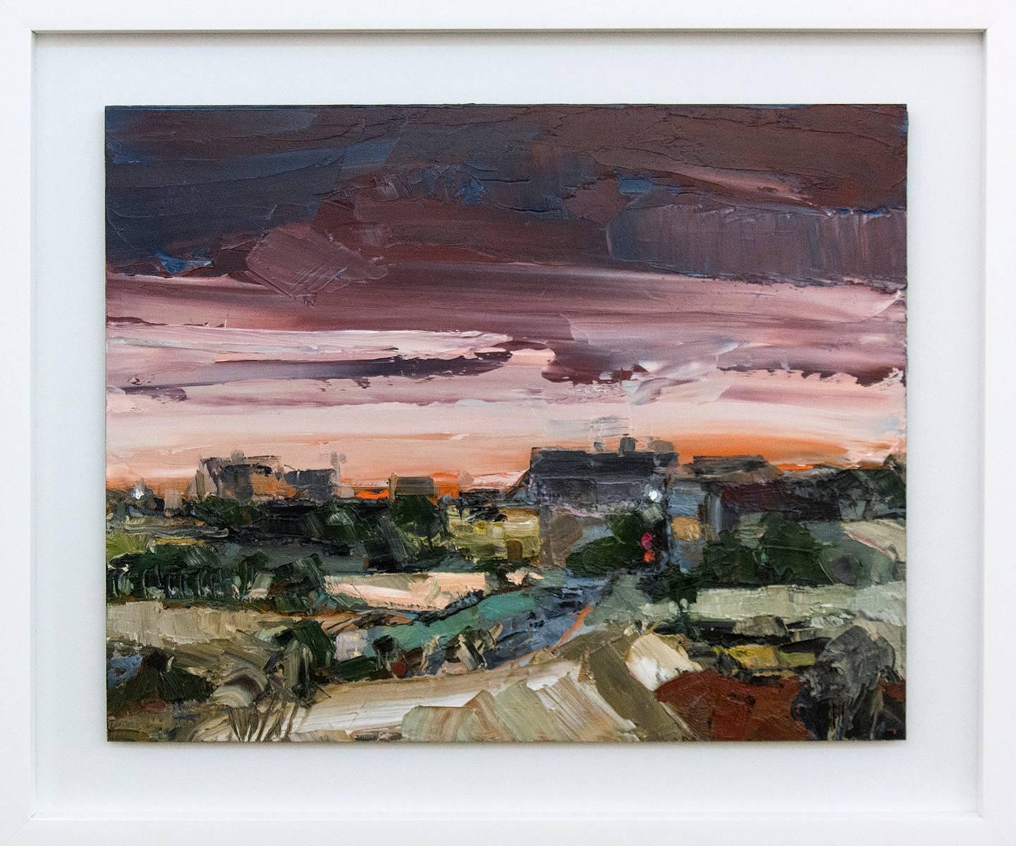 Early Shift - gestural, impasto landscape with fiery orange skyline - Painting by Simon Andrew