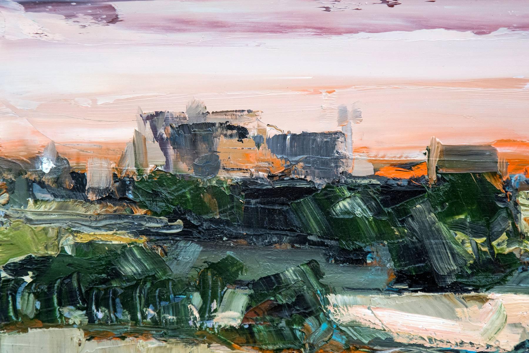 Early Shift - gestural, impasto landscape with fiery orange skyline - Contemporary Painting by Simon Andrew