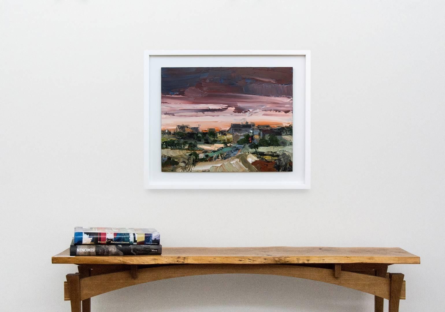 A fiery orange skyline rises to meet thick magenta clouds above a row of industrial buildings in this moody oil on canvas.  This gestural landscape reflects Andrew's 