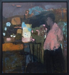 Homme à la chemise rose - grand portrait abstrait d'homme nature morte figurative à l'huile