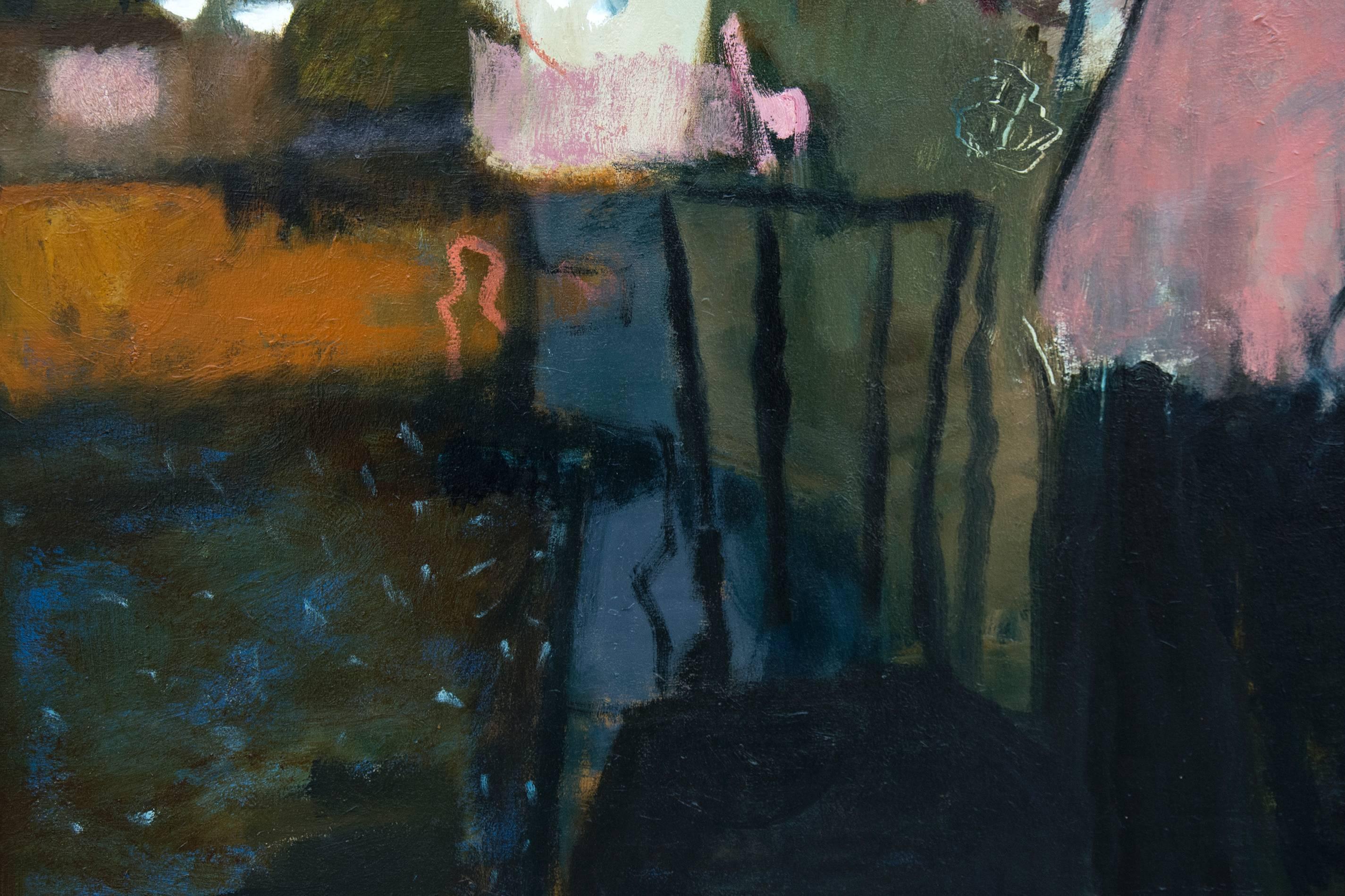 Hombre con camisa rosa - gran retrato masculino abstracto bodegón figurativo óleo - Painting Contemporáneo de Jennifer Hornyak