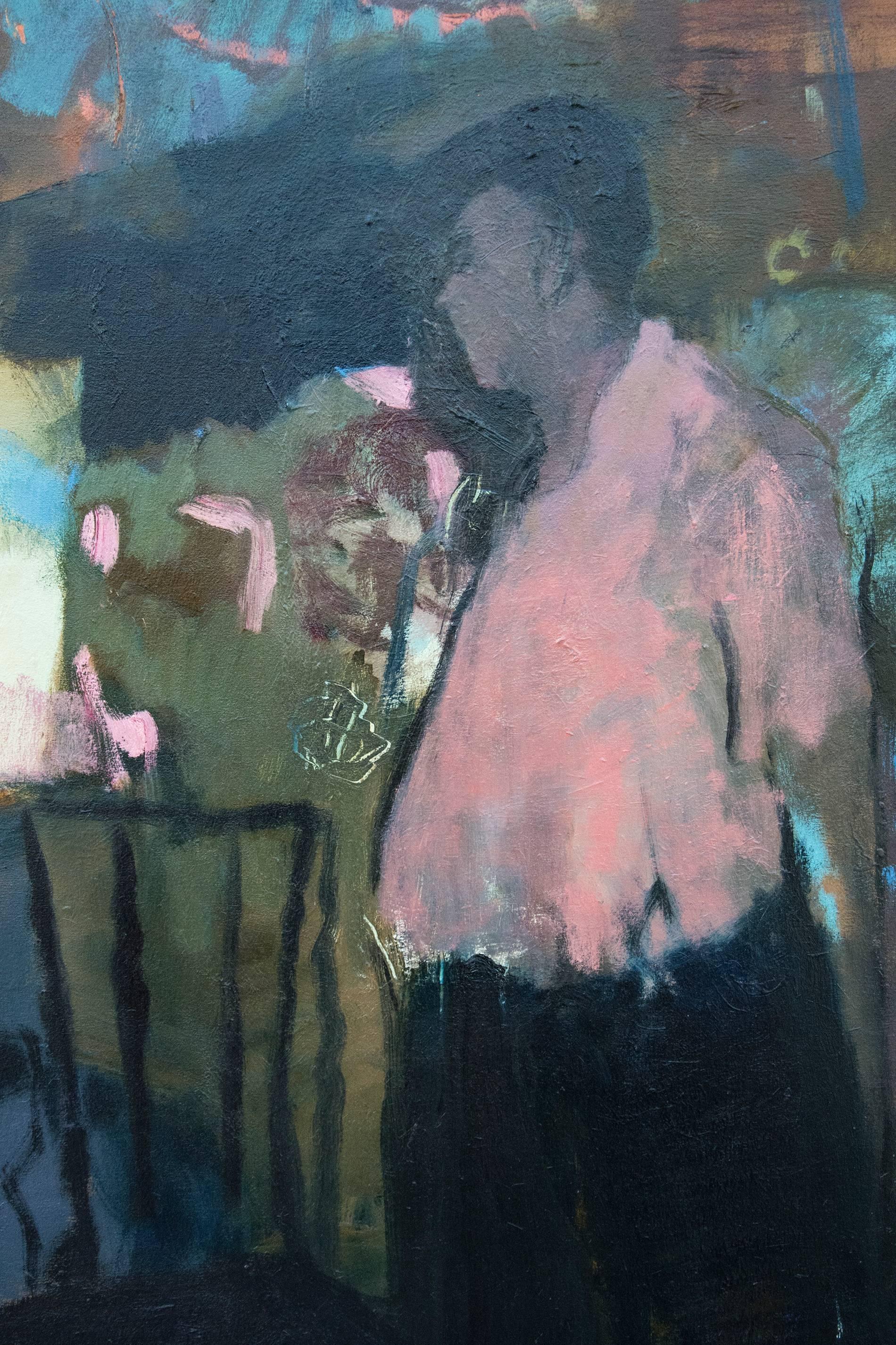Man With Pink Shirt - large abstracted male portrait figurative still life oil - Contemporary Painting by Jennifer Hornyak