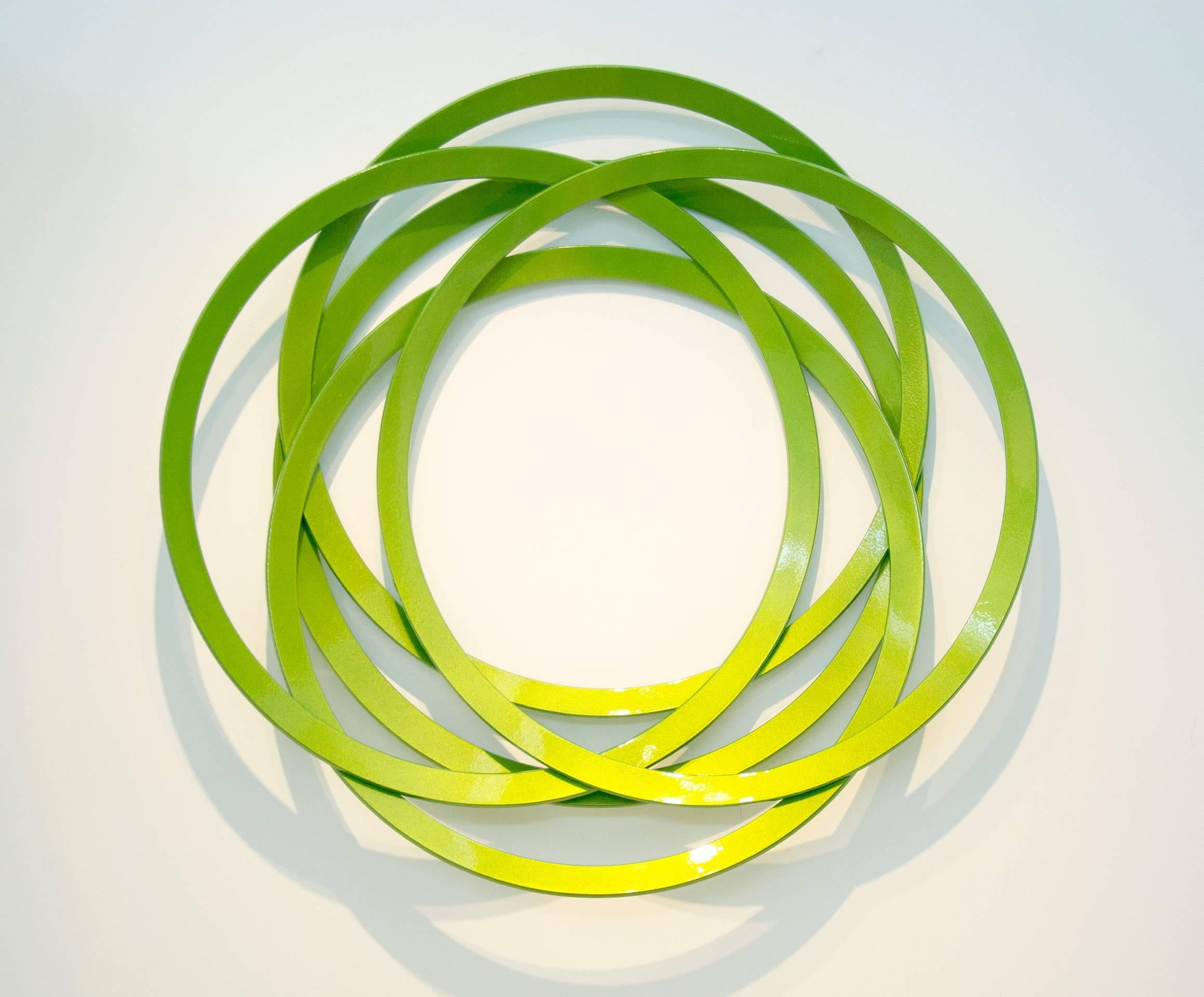 Shayne Dark Abstract Sculpture - Erratic Colour Granny Smith - geometric abstract, circles, steel, wall sculpture