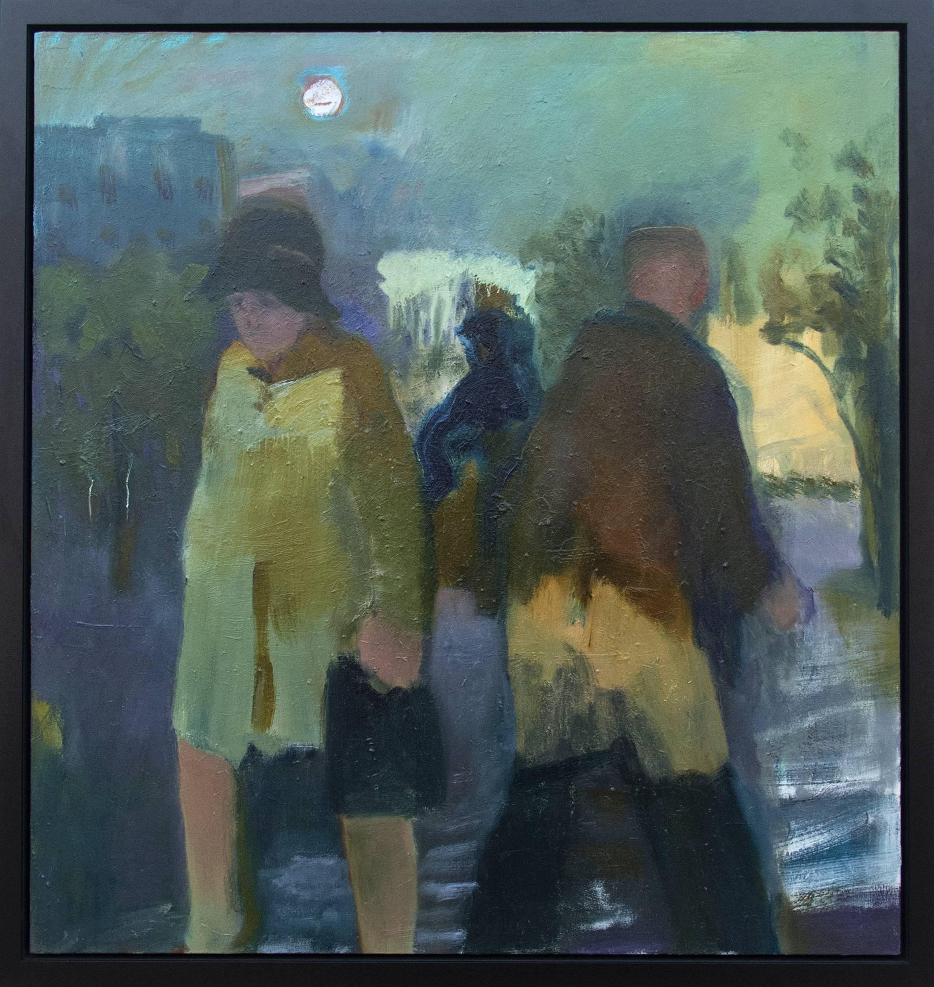 Jennifer Hornyak Portrait Painting - Stroll I - Large, green, blue, yellow, man and woman, figurative, oil