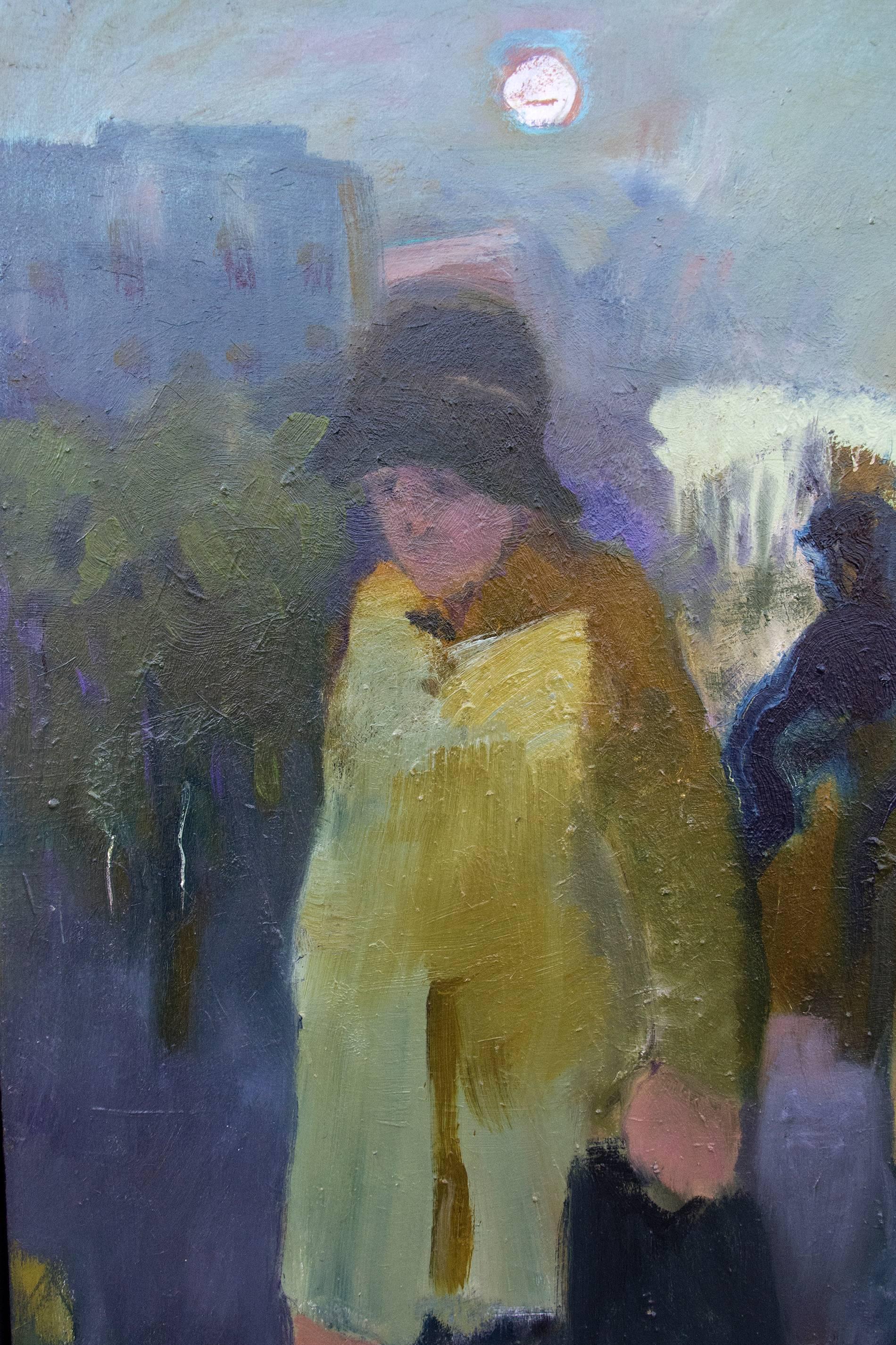 Stroll I - Large, green, blue, yellow, man and woman, figurative, oil - Black Portrait Painting by Jennifer Hornyak