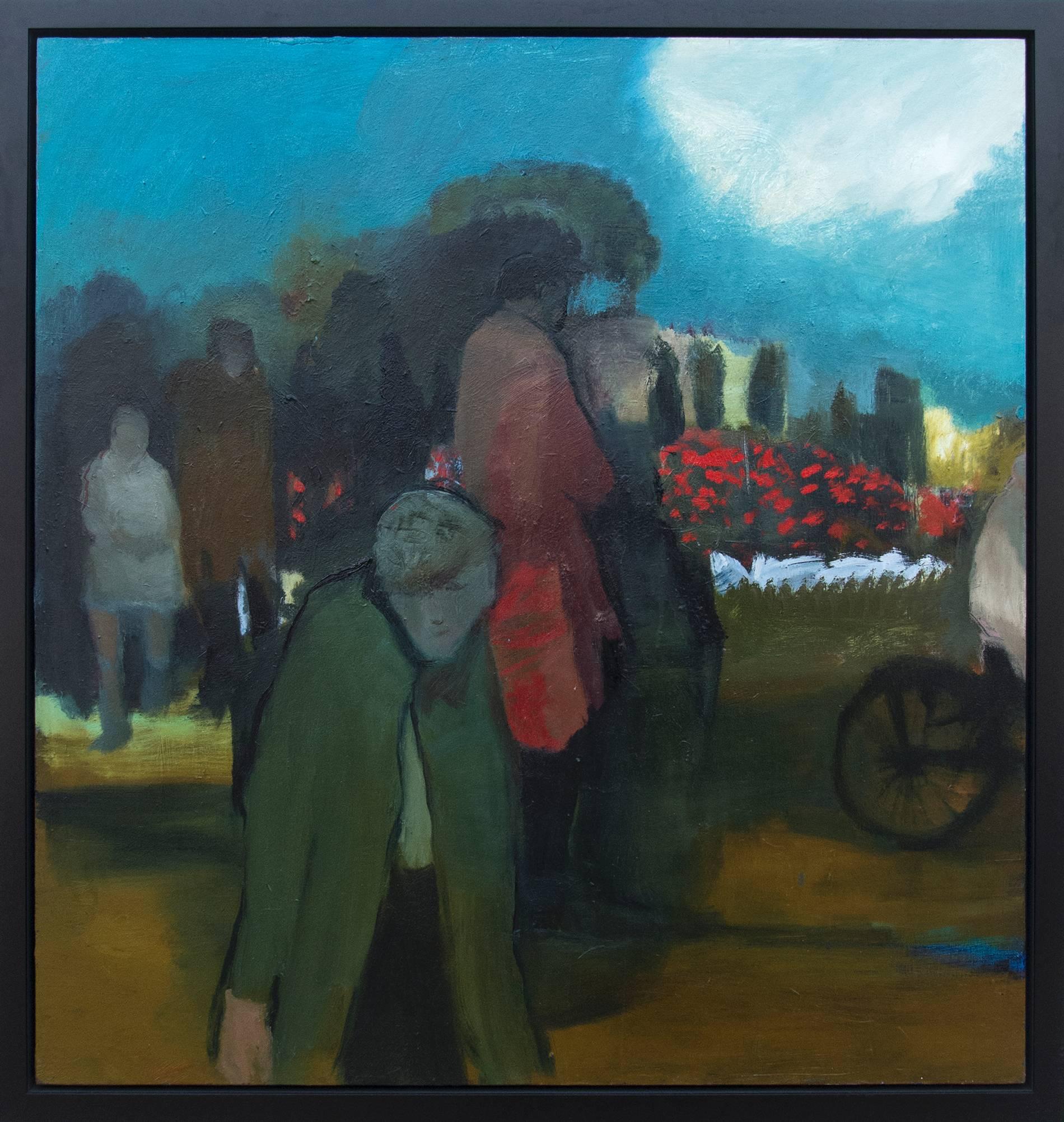 Jennifer Hornyak Figurative Painting - Stroll II - Large, green, blue, red, man and woman, figurative, oil